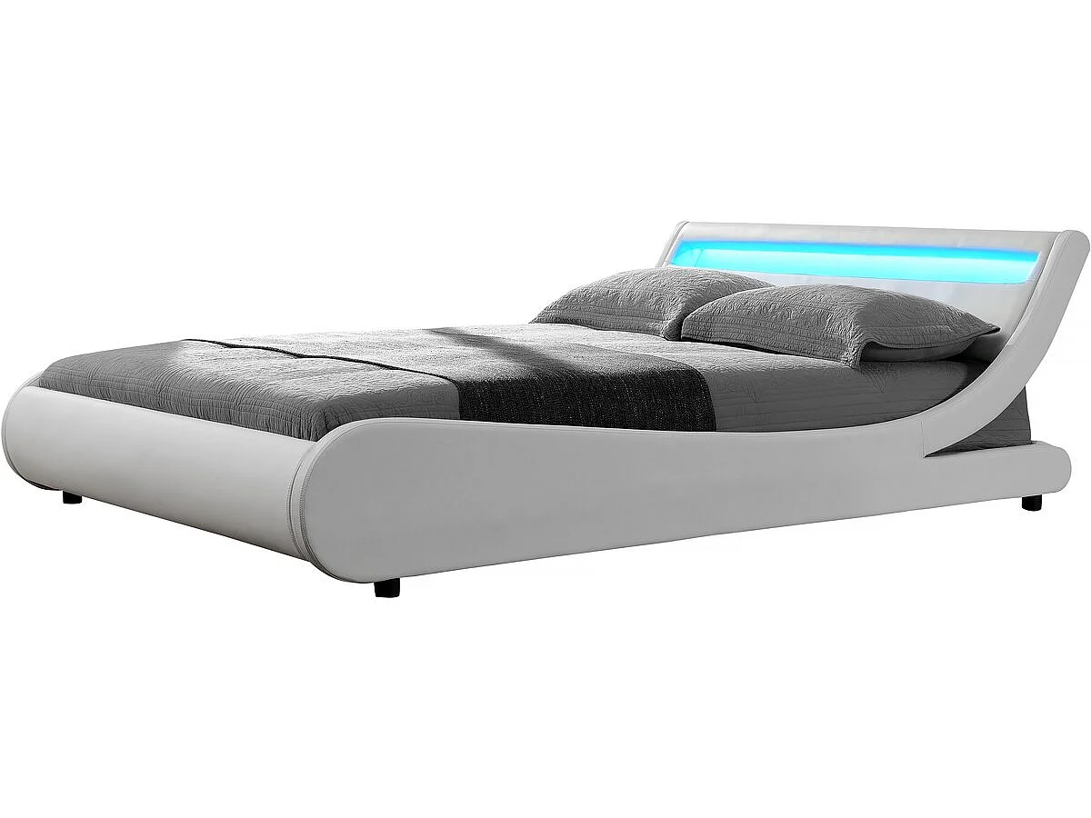 Elegante Cama LED "Natacha" - Branco - 160 x 200 cm - Acabamento em PVC - Com LEDs
