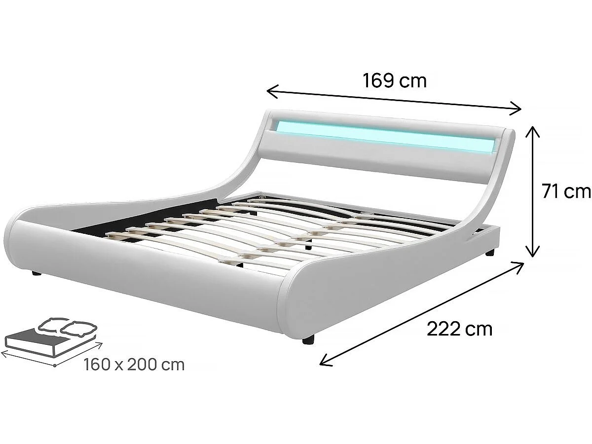 Elegante Cama LED "Natacha" - Branco - 160 x 200 cm - Acabamento em PVC - Com LEDs