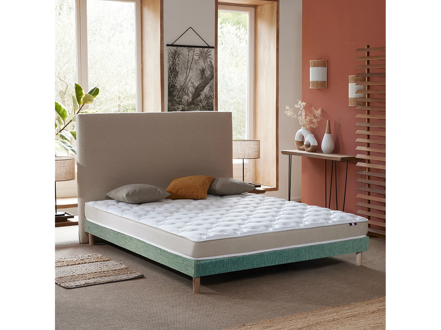 Ensemble Matelas accueil Latex 3 zones INITIAL - Bi Confort Mousse & Latex + Sommier - Made in France Dimensions - 140 x 190 cm, Sommier - Vert celadon