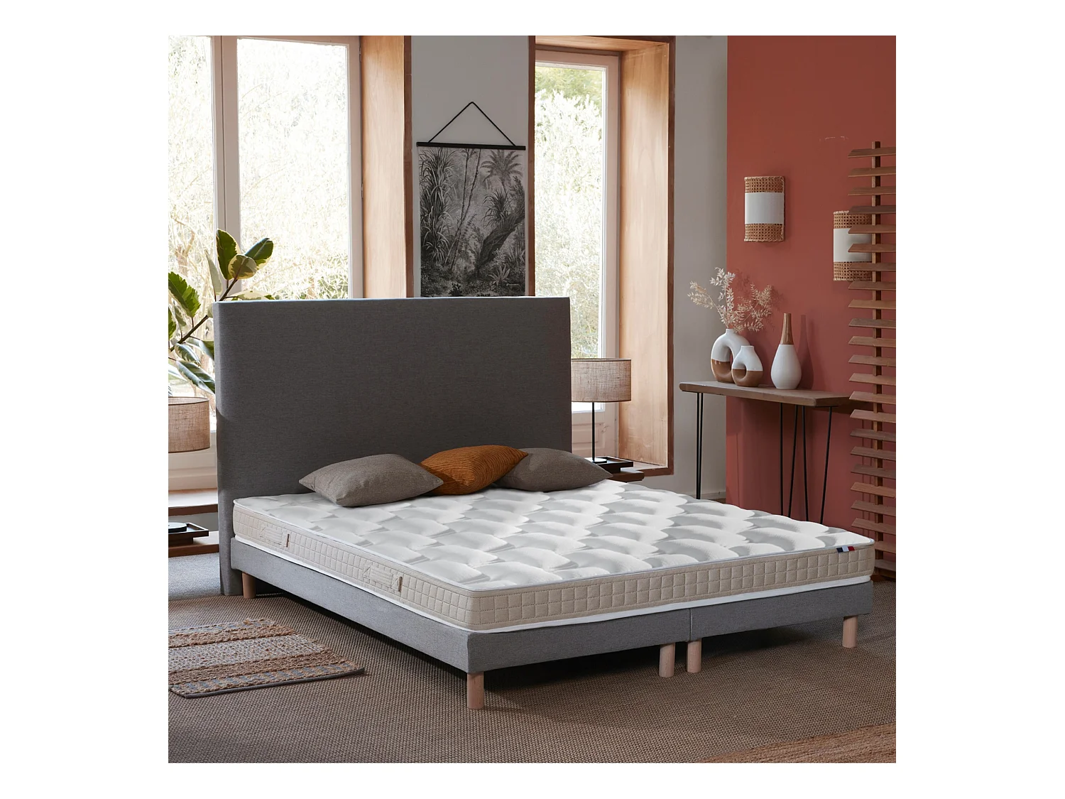 Ensemble Matelas 100% latex 5 zones ORIGINEL + Sommier - Spécial Dos Sensible - Fabriqué en France Dimensions - 2x80 x 200 cm, Sommier - Gris chiné
