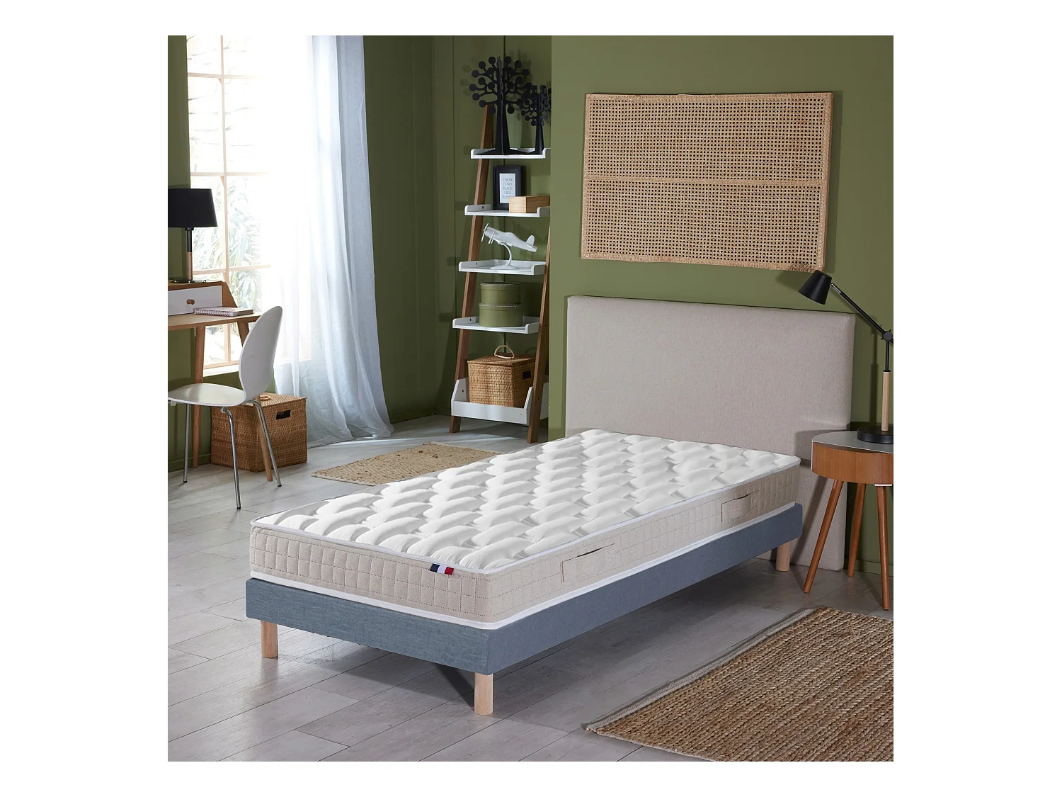 Ensemble Matelas 100% latex 5 zones ORIGINEL + Sommier - Spécial Dos Sensible - Fabriqué en France Dimensions - 80 x 200 cm, Sommier - Bleu denim