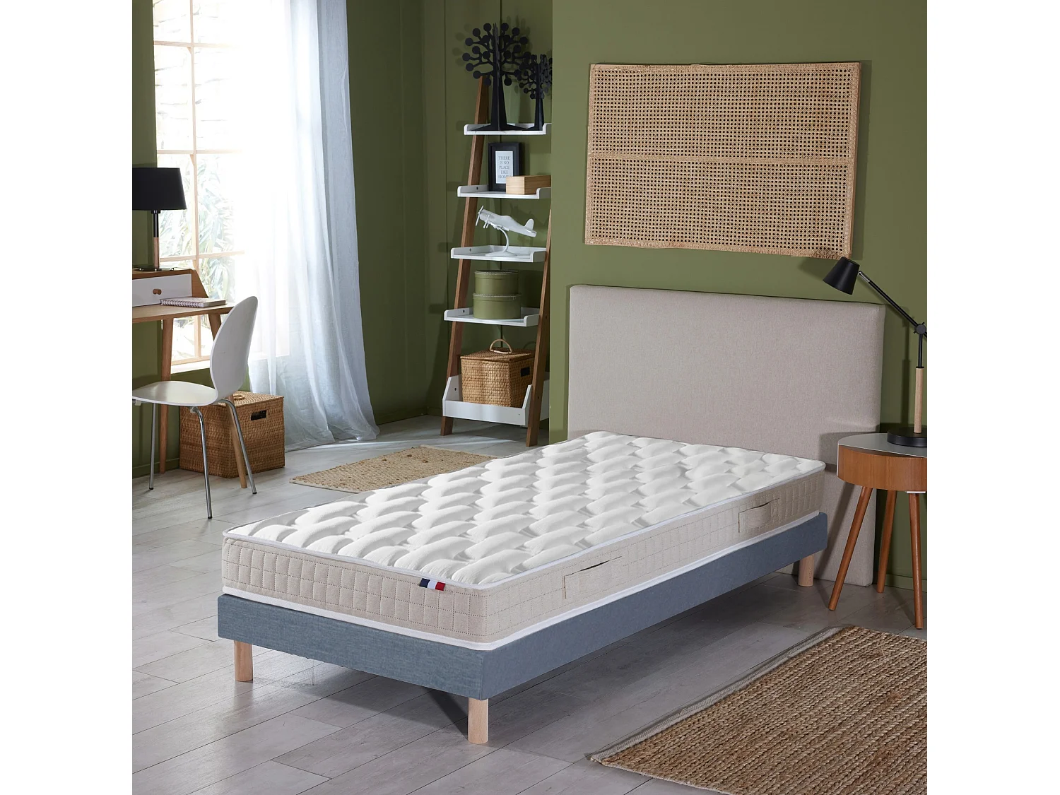 Ensemble Matelas 100% latex 5 zones ORIGINEL + Sommier - Spécial Dos Sensible - Fabriqué en France Dimensions - 90 x 200 cm, Sommier - Bleu denim