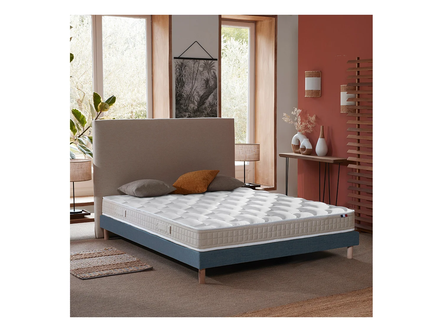Ensemble Matelas 100% latex 5 zones ORIGINEL + Sommier - Spécial Dos Sensible - Fabriqué en France Dimensions - 140 x 190 cm, Sommier - Bleu denim