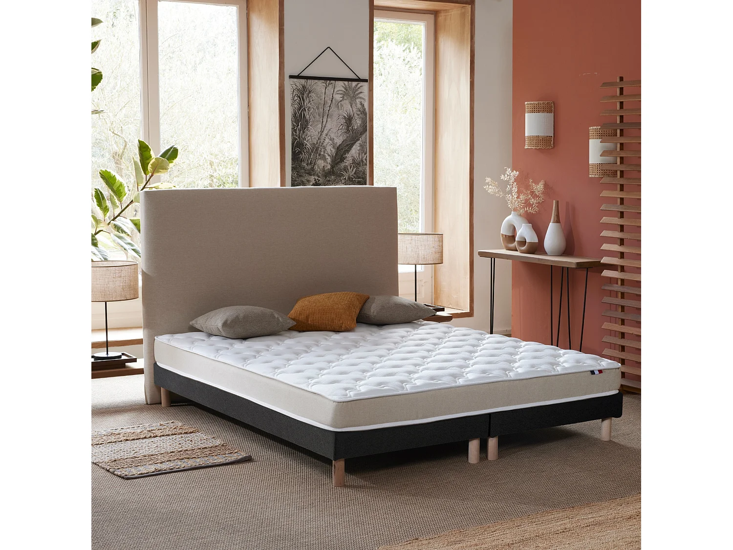 Ensemble Matelas accueil Latex 3 zones INITIAL - Bi Confort Mousse & Latex + Sommier - Made in France Dimensions - 2x80 x 200 cm, Sommier - Noir