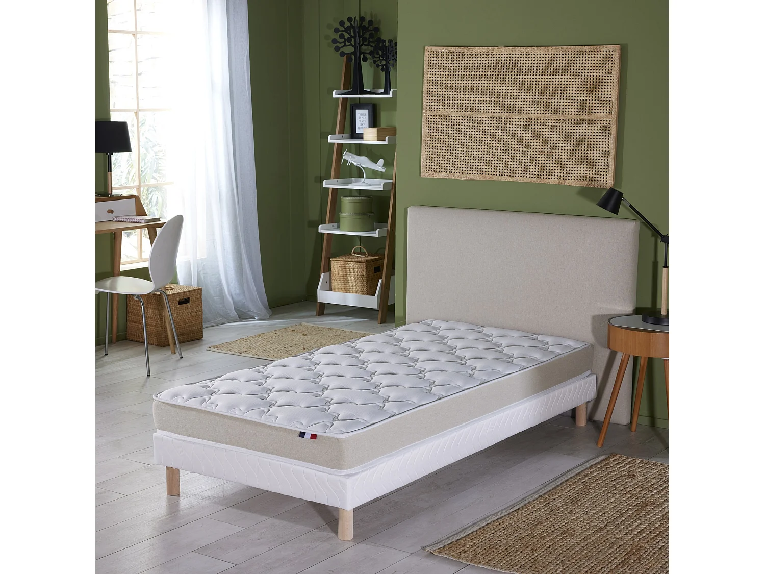Ensemble Matelas accueil Latex 3 zones INITIAL - Bi Confort Mousse & Latex + Sommier - Made in France Dimensions - 90 x 200 cm, Sommier - Blanc