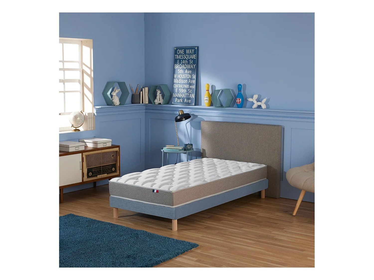 Ensemble matelas mémoire de forme MAM AZUR avec sommier - confort français Dimensions - 90 x 200 cm, Sommier - Bleu denim