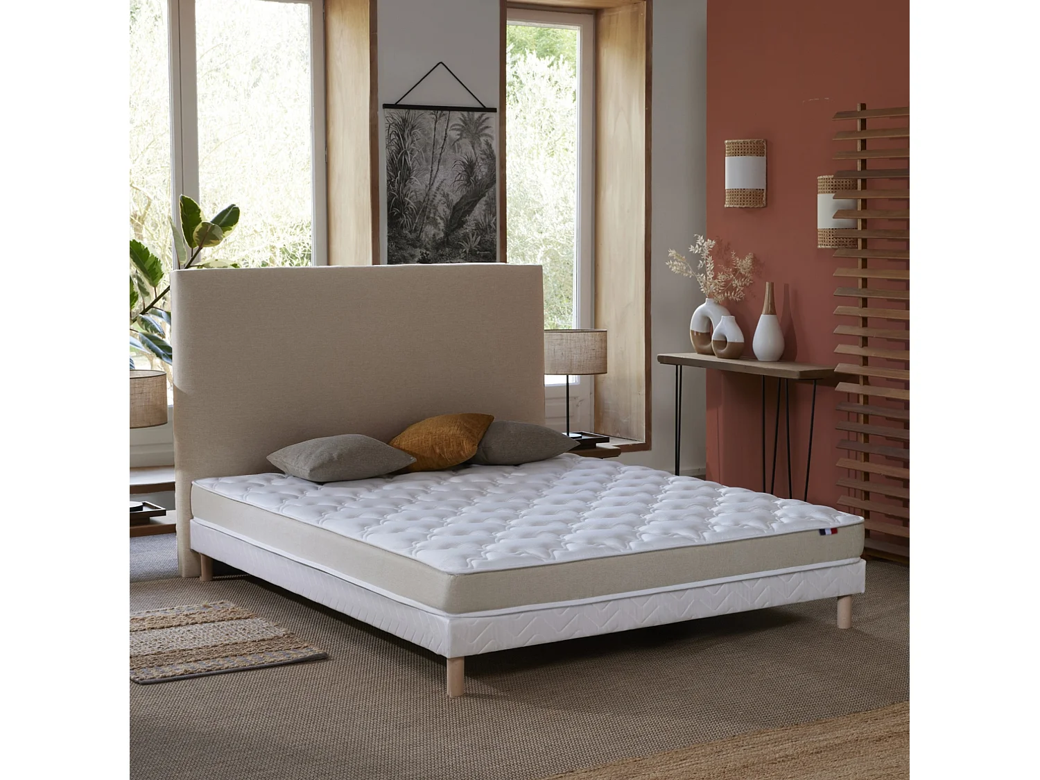 Ensemble Matelas accueil Latex 3 zones INITIAL - Bi Confort Mousse & Latex + Sommier - Made in France Dimensions - 140 x 190 cm, Sommier - Blanc