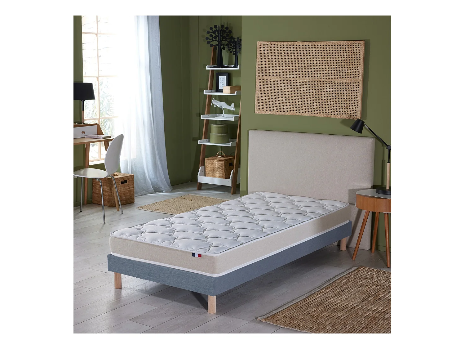 Ensemble Matelas accueil Latex 3 zones INITIAL - Bi Confort Mousse & Latex + Sommier - Made in France Dimensions - 90 x 200 cm, Sommier - Bleu denim