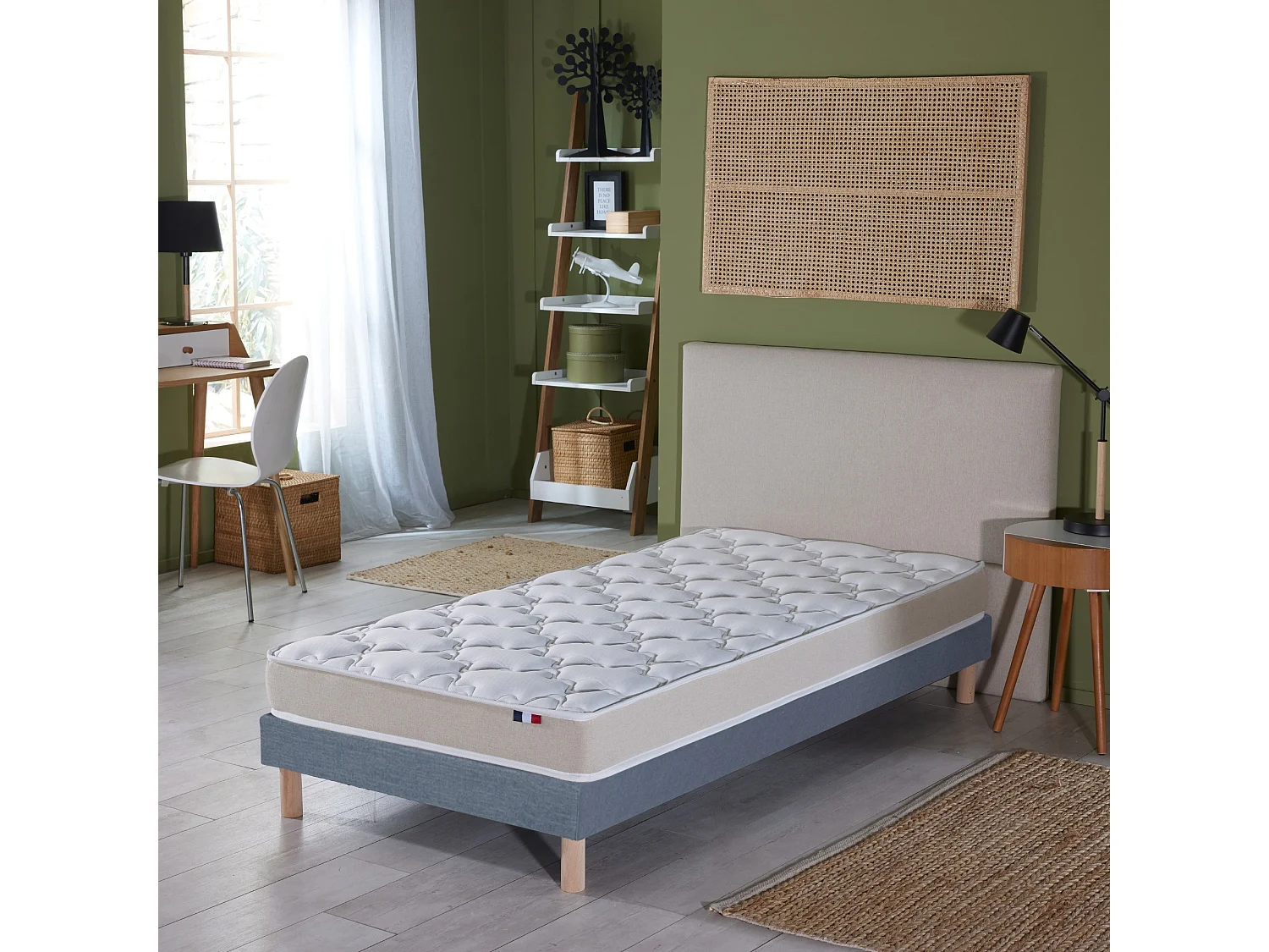 Ensemble Matelas accueil Latex 3 zones INITIAL - Bi Confort Mousse & Latex + Sommier - Made in France Dimensions - 90 x 200 cm, Sommier - Bleu denim