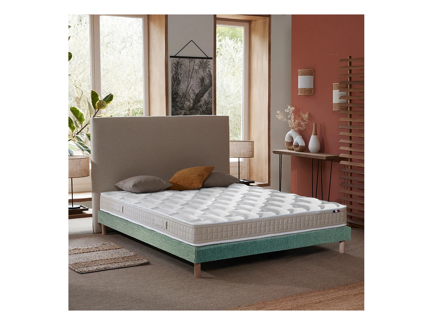 Ensemble Matelas 100% latex 5 zones ORIGINEL + Sommier - Spécial Dos Sensible - Fabriqué en France Dimensions - 140 x 190 cm, Sommier - Vert celadon