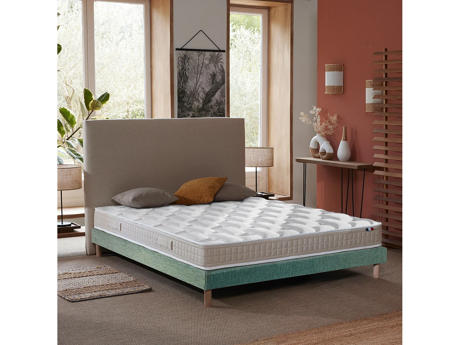 Ensemble Matelas 100% latex 5 zones ORIGINEL + Sommier - Spécial Dos Sensible - Fabriqué en France Dimensions - 140 x 190 cm, Sommier - Vert celadon