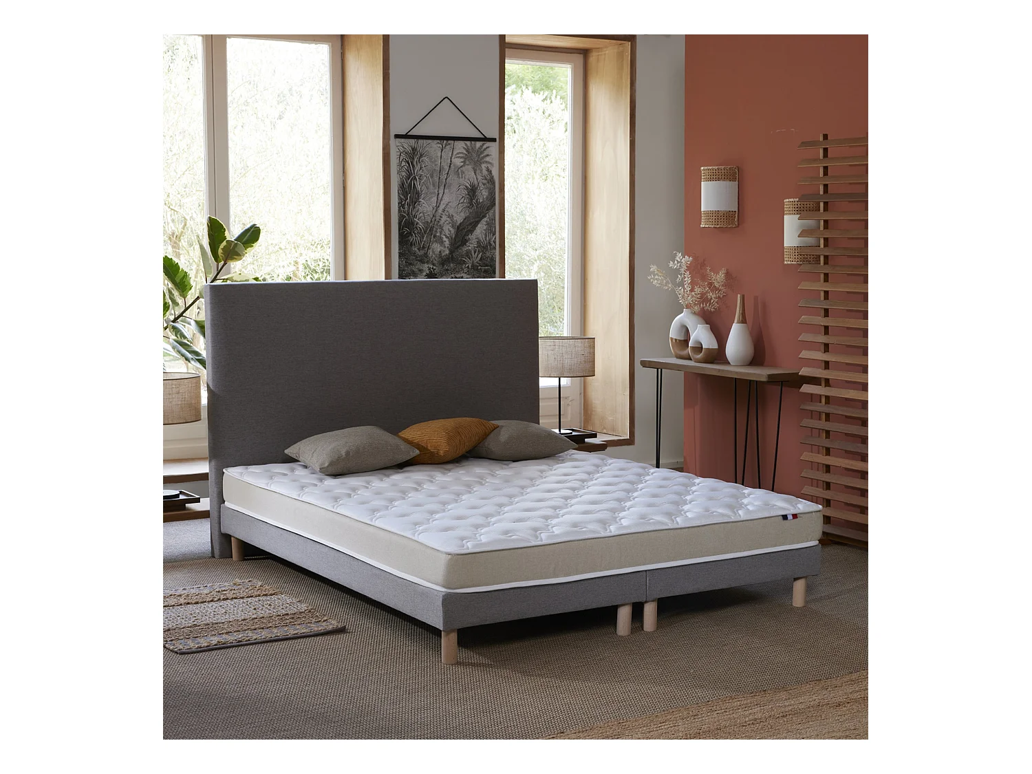 Ensemble Matelas accueil Latex 3 zones INITIAL - Bi Confort Mousse & Latex + Sommier - Made in France Dimensions - 2x80 x 200 cm, Sommier - Gris chiné
