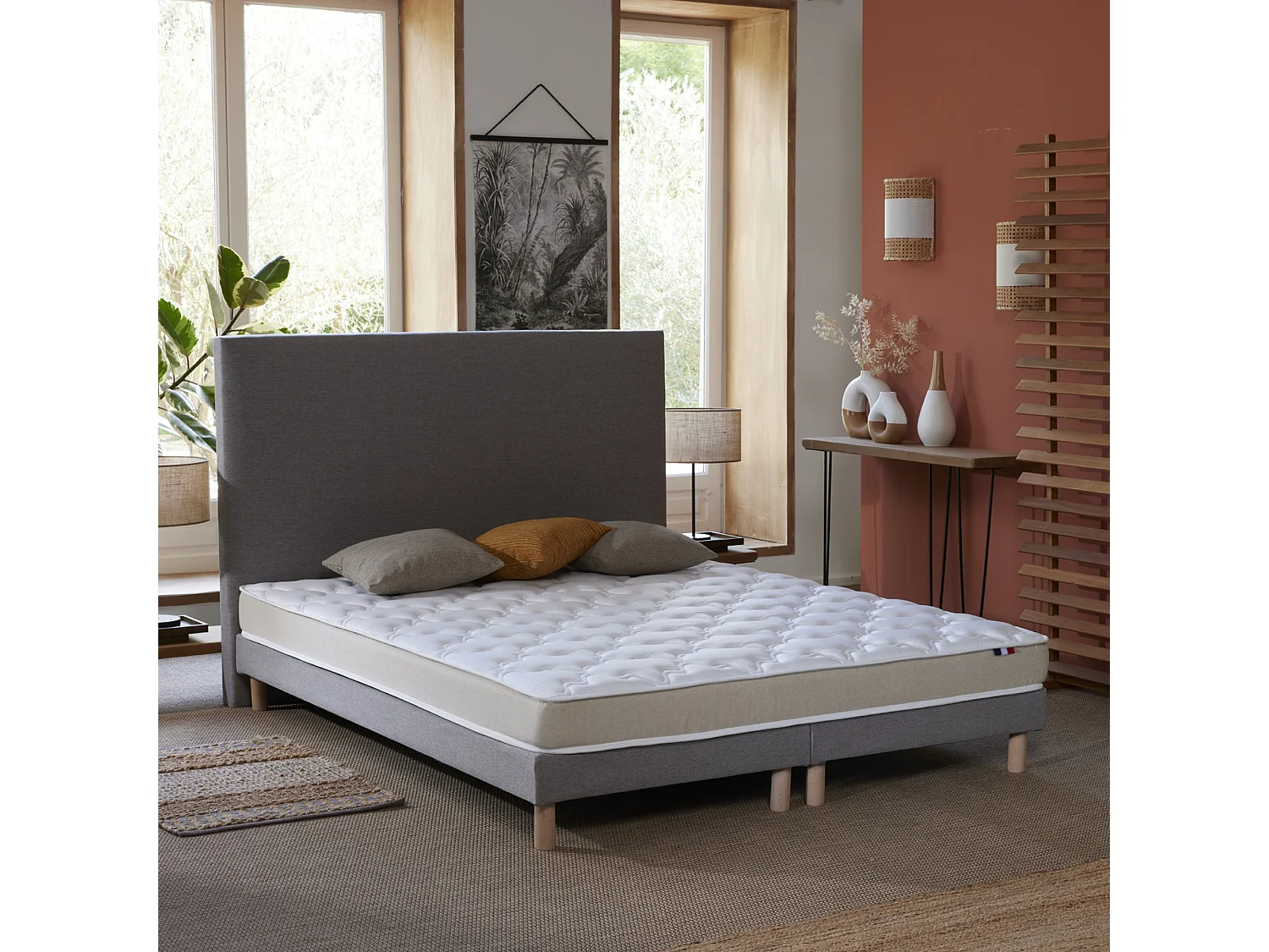 Ensemble Matelas accueil Latex 3 zones INITIAL - Bi Confort Mousse & Latex + Sommier - Made in France Dimensions - 2x80 x 200 cm, Sommier - Gris chiné