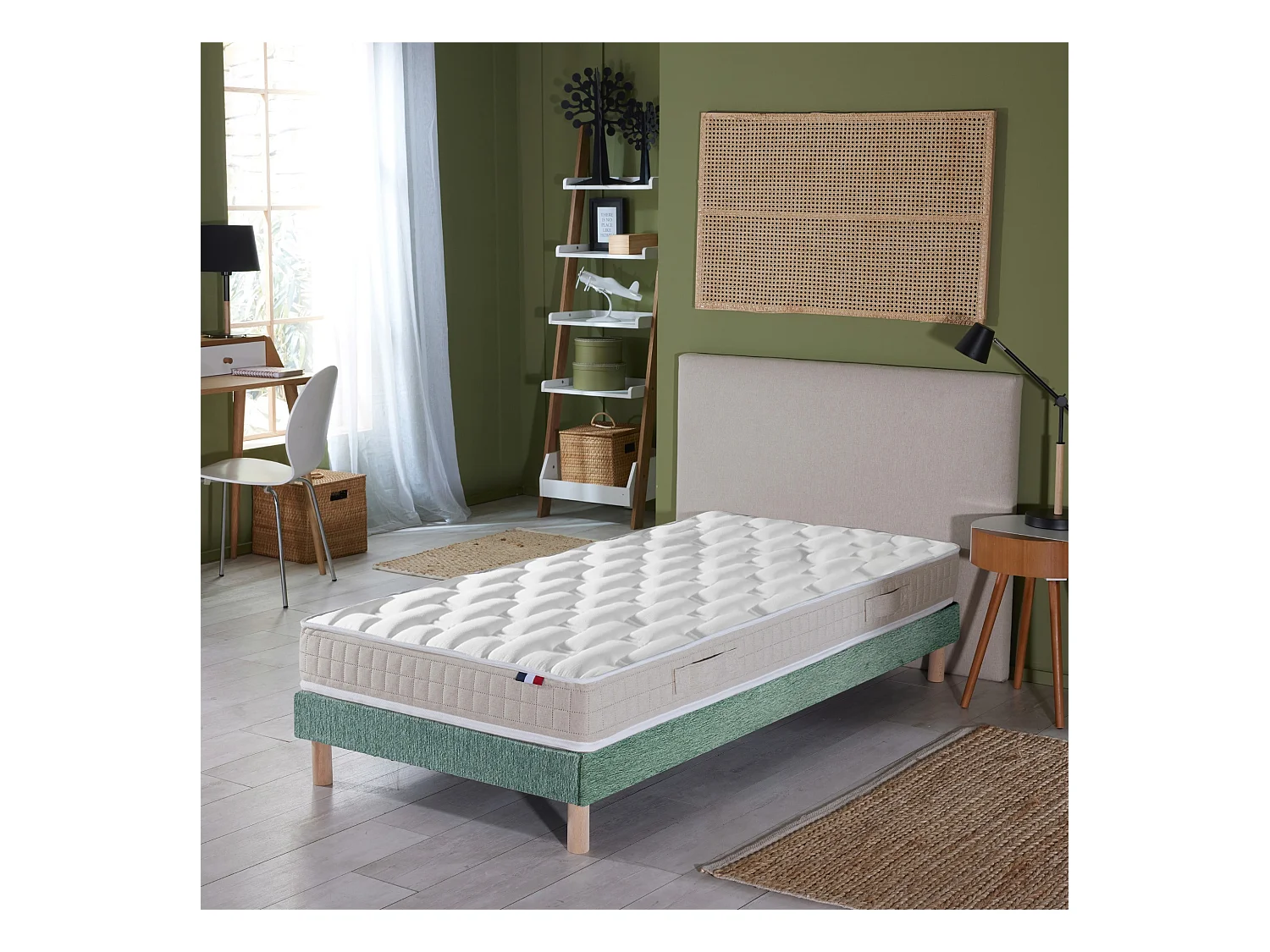 Ensemble Matelas 100% latex 5 zones ORIGINEL + Sommier - Spécial Dos Sensible - Fabriqué en France Dimensions - 80 x 200 cm, Sommier - Vert celadon