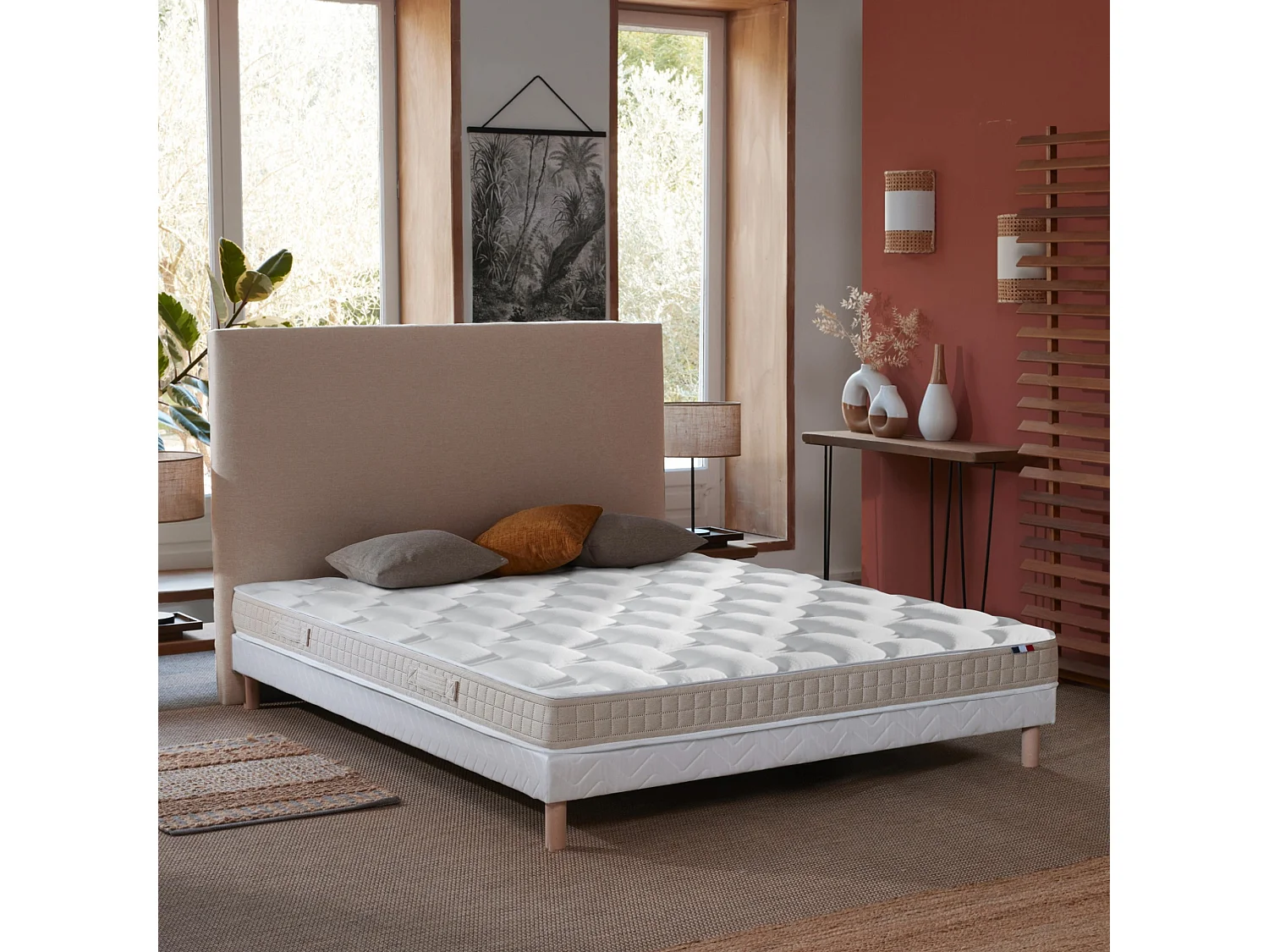 Ensemble Matelas 100% latex 5 zones ORIGINEL + Sommier - Spécial Dos Sensible - Fabriqué en France Dimensions - 140 x 190 cm, Sommier - Blanc