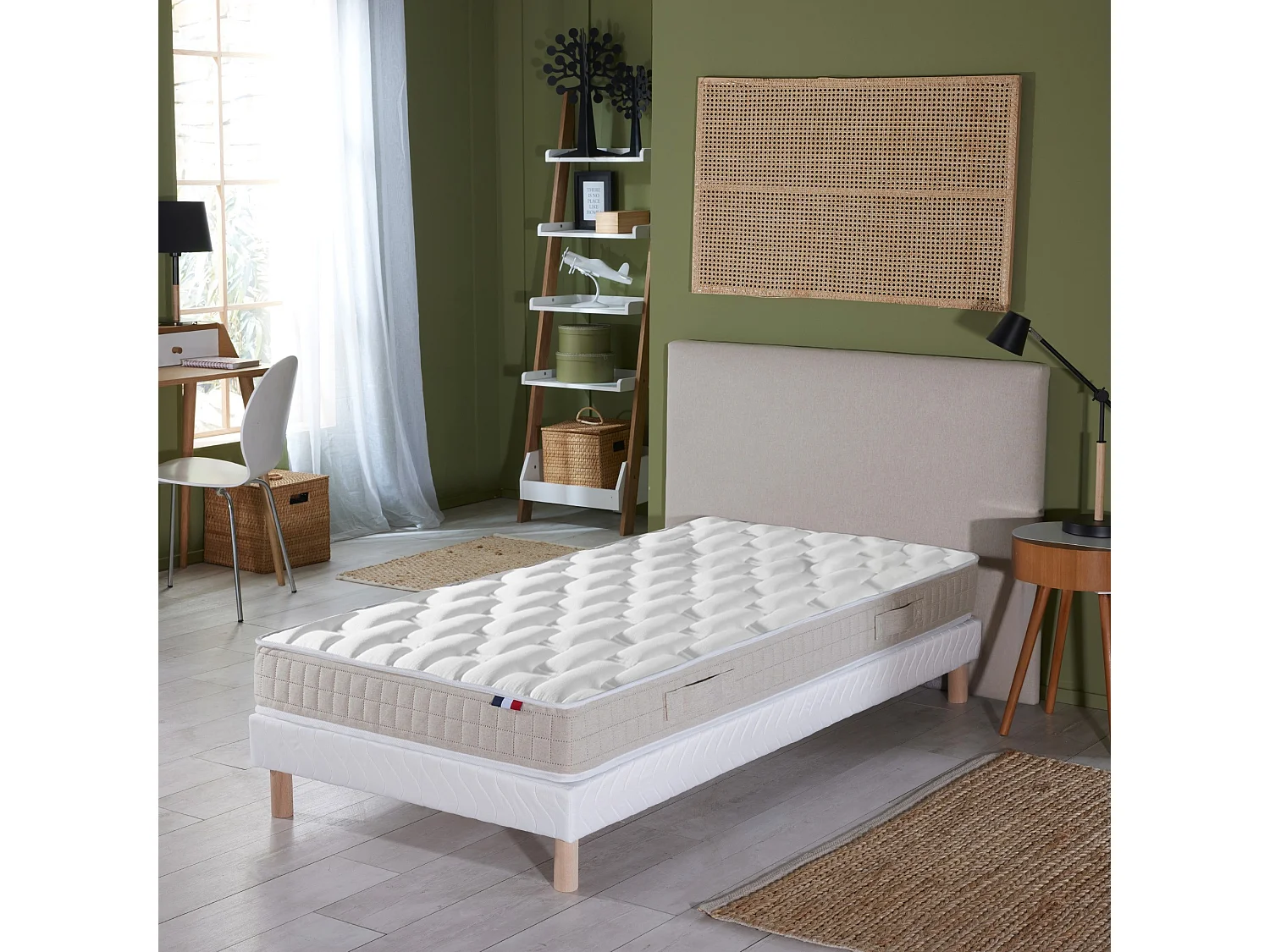 Ensemble Matelas 100% latex 5 zones ORIGINEL + Sommier - Spécial Dos Sensible - Fabriqué en France Dimensions - 90 x 200 cm, Sommier - Blanc