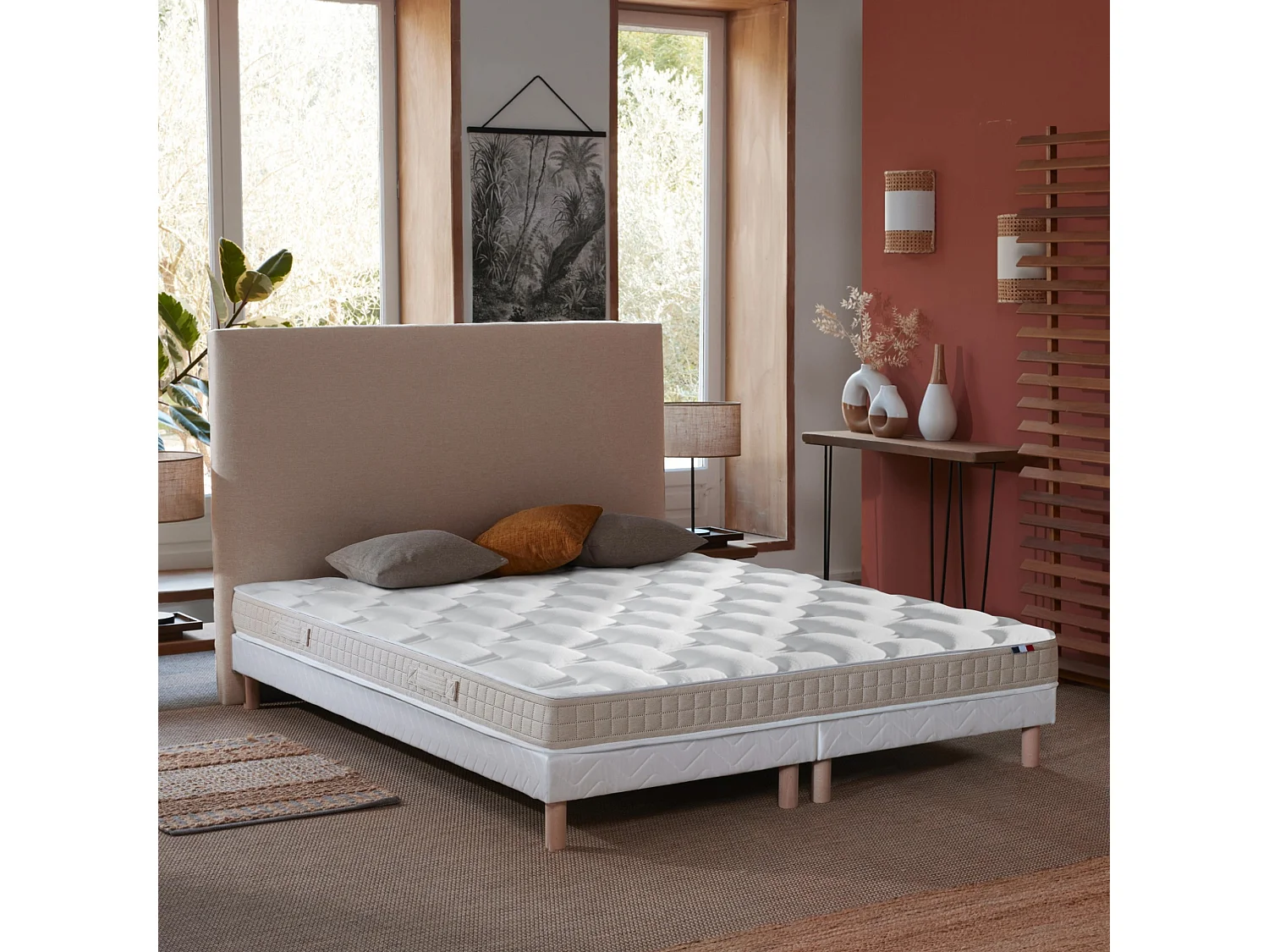 Ensemble Matelas 100% latex 5 zones ORIGINEL + Sommier - Spécial Dos Sensible - Fabriqué en France Dimensions - 2x80 x 200 cm, Sommier - Blanc