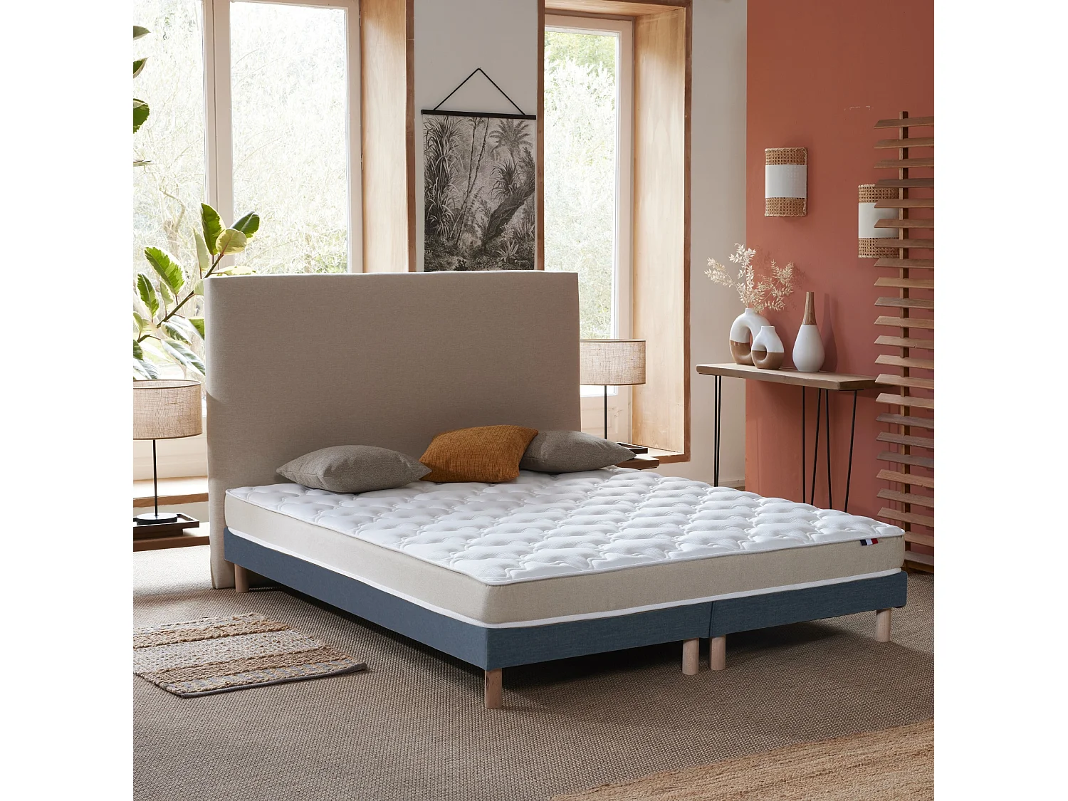Ensemble Matelas accueil Latex 3 zones INITIAL - Bi Confort Mousse & Latex + Sommier - Made in France Dimensions - 2x80 x 200 cm, Sommier - Bleu denim