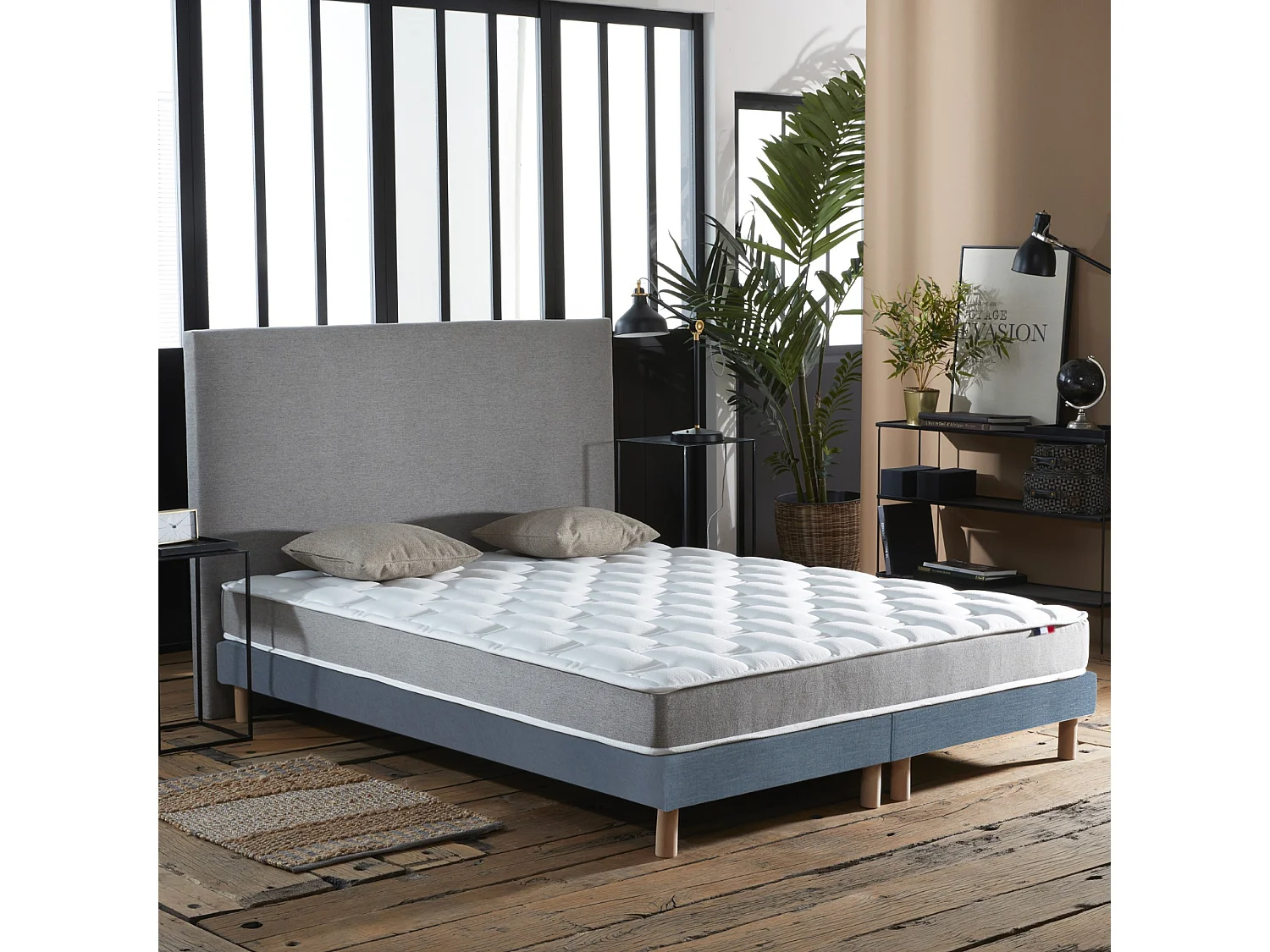 Ensemble matelas mémoire de forme MAM AZUR avec sommier - confort français Dimensions - 2x80 x 200 cm, Sommier - Bleu denim