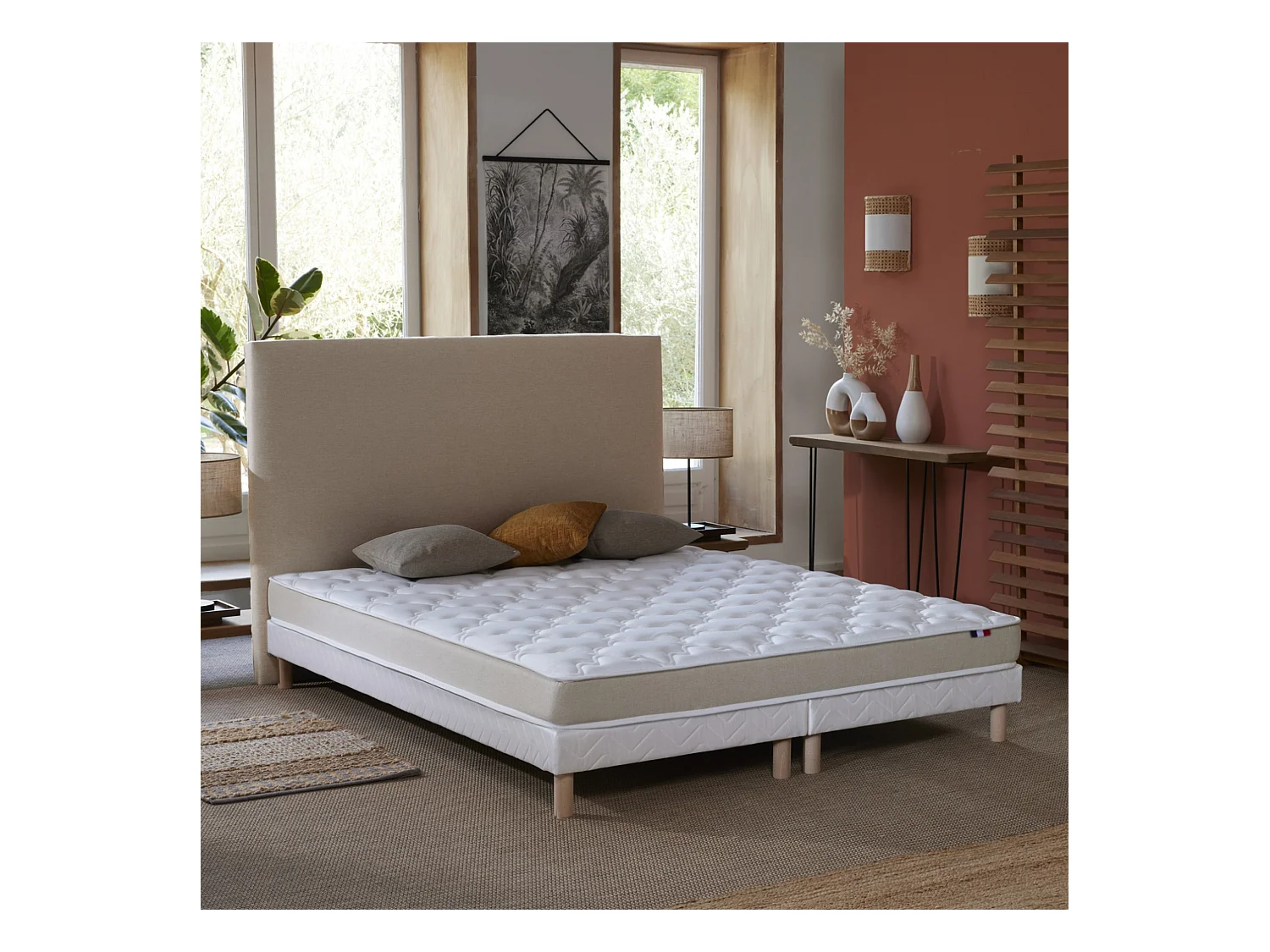 Ensemble Matelas accueil Latex 3 zones INITIAL - Bi Confort Mousse & Latex + Sommier - Made in France Dimensions - 2x80 x 200 cm, Sommier - Blanc