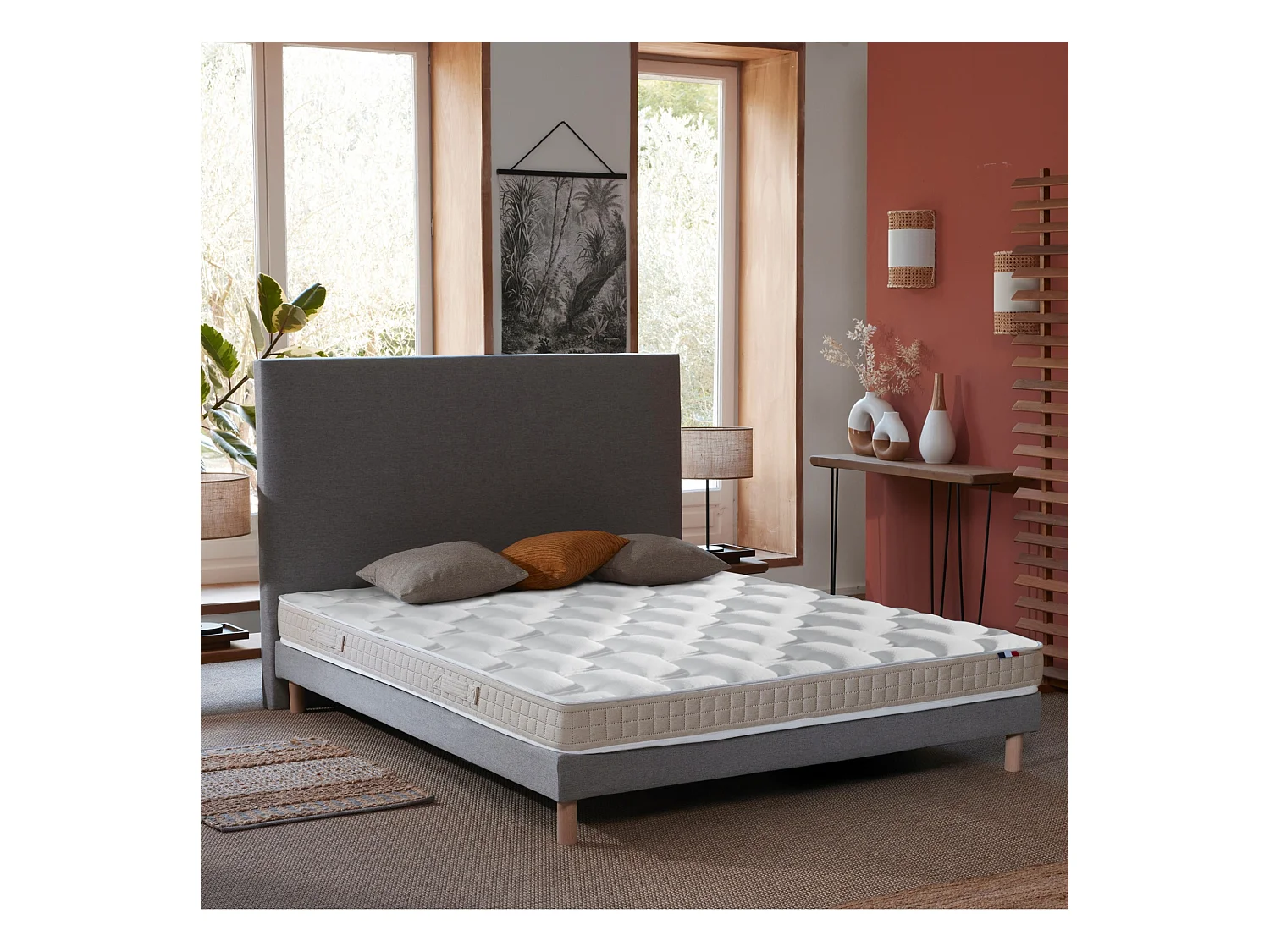 Ensemble Matelas 100% latex 5 zones ORIGINEL + Sommier - Spécial Dos Sensible - Fabriqué en France Dimensions - 140 x 190 cm, Sommier - Gris chiné