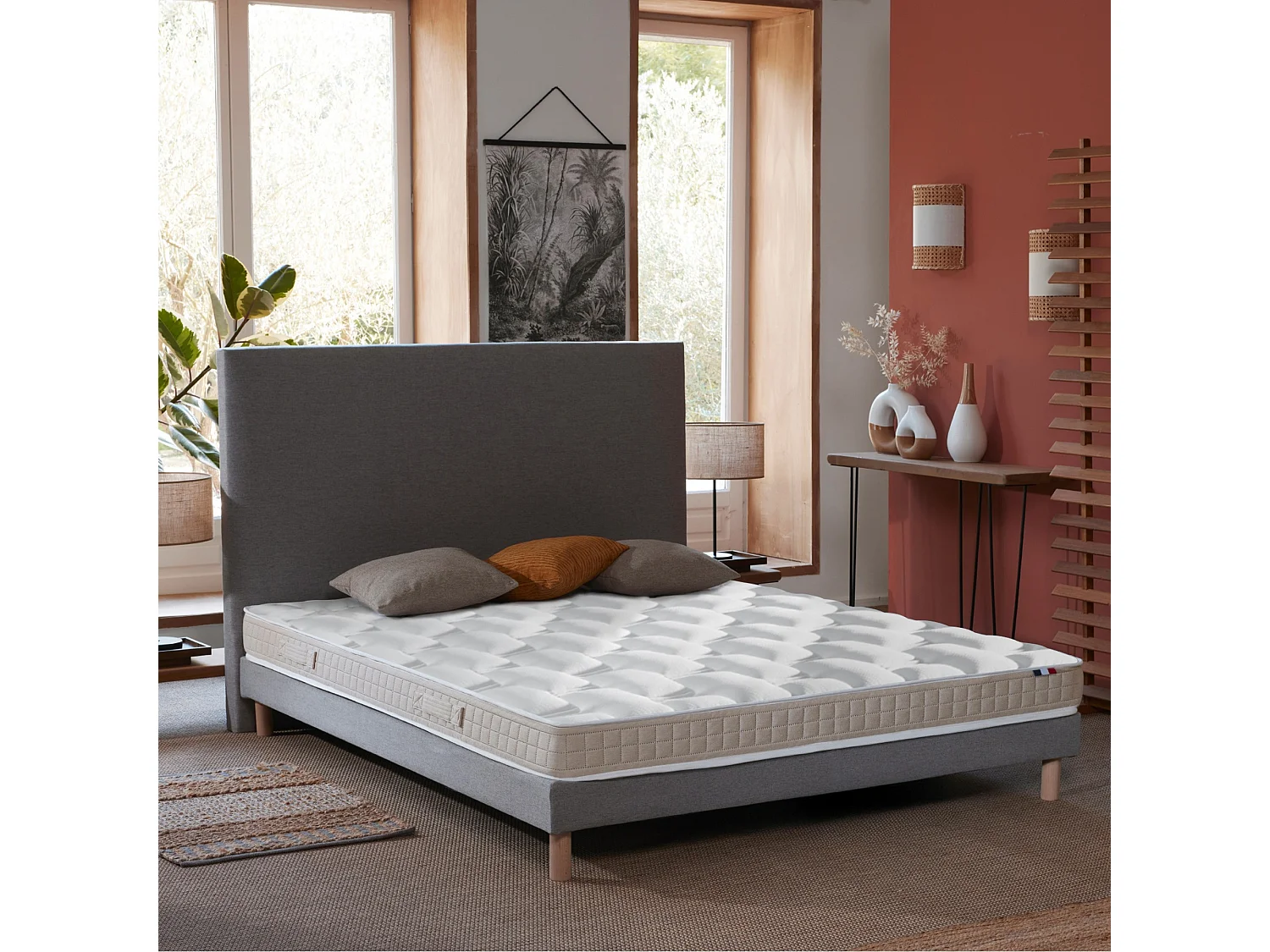 Ensemble Matelas 100% latex 5 zones ORIGINEL + Sommier - Spécial Dos Sensible - Fabriqué en France Dimensions - 140 x 190 cm, Sommier - Gris chiné