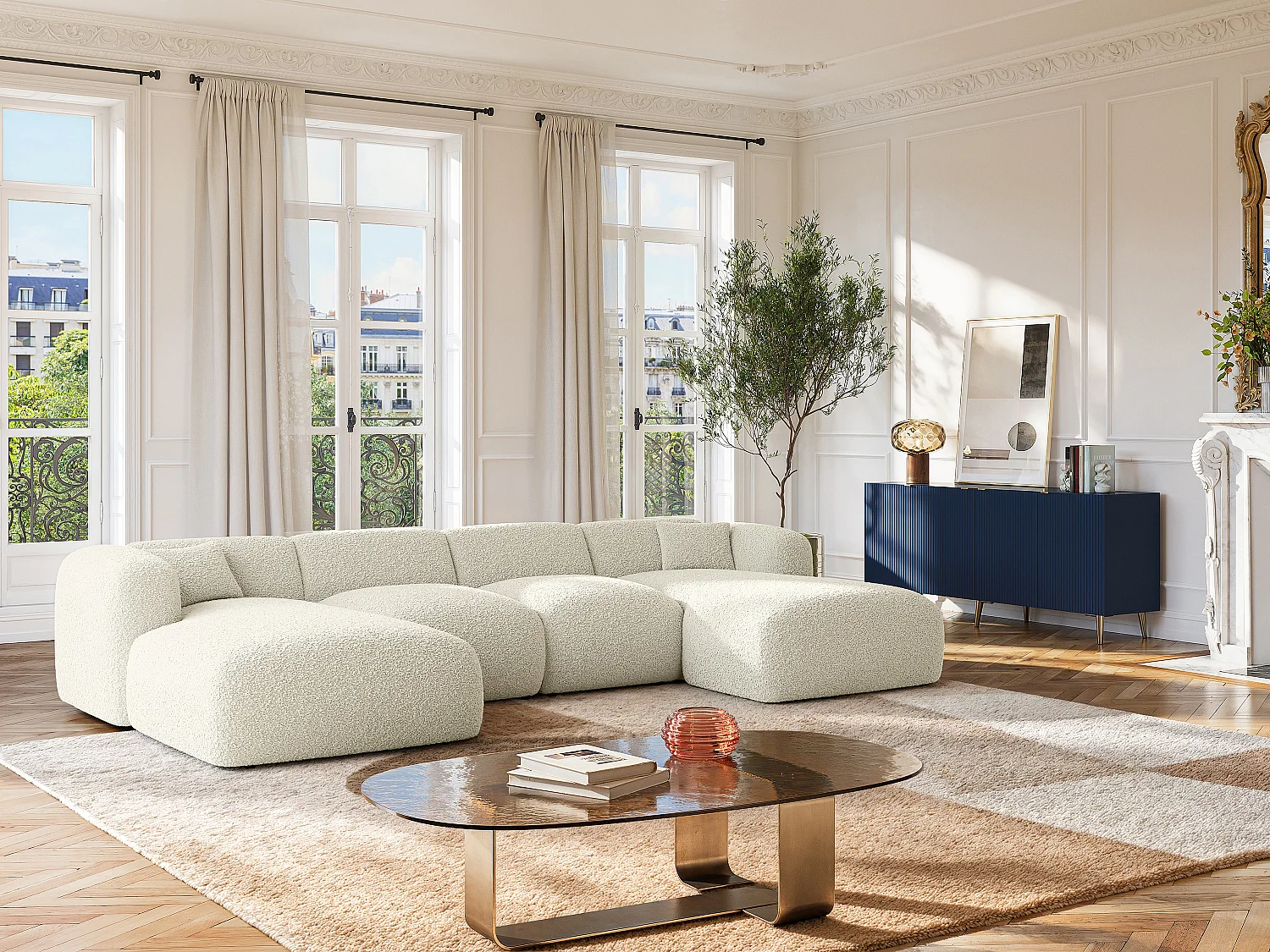 Buffet avec 4 portes en MDF et acier - Bleu et doré - YESINIA