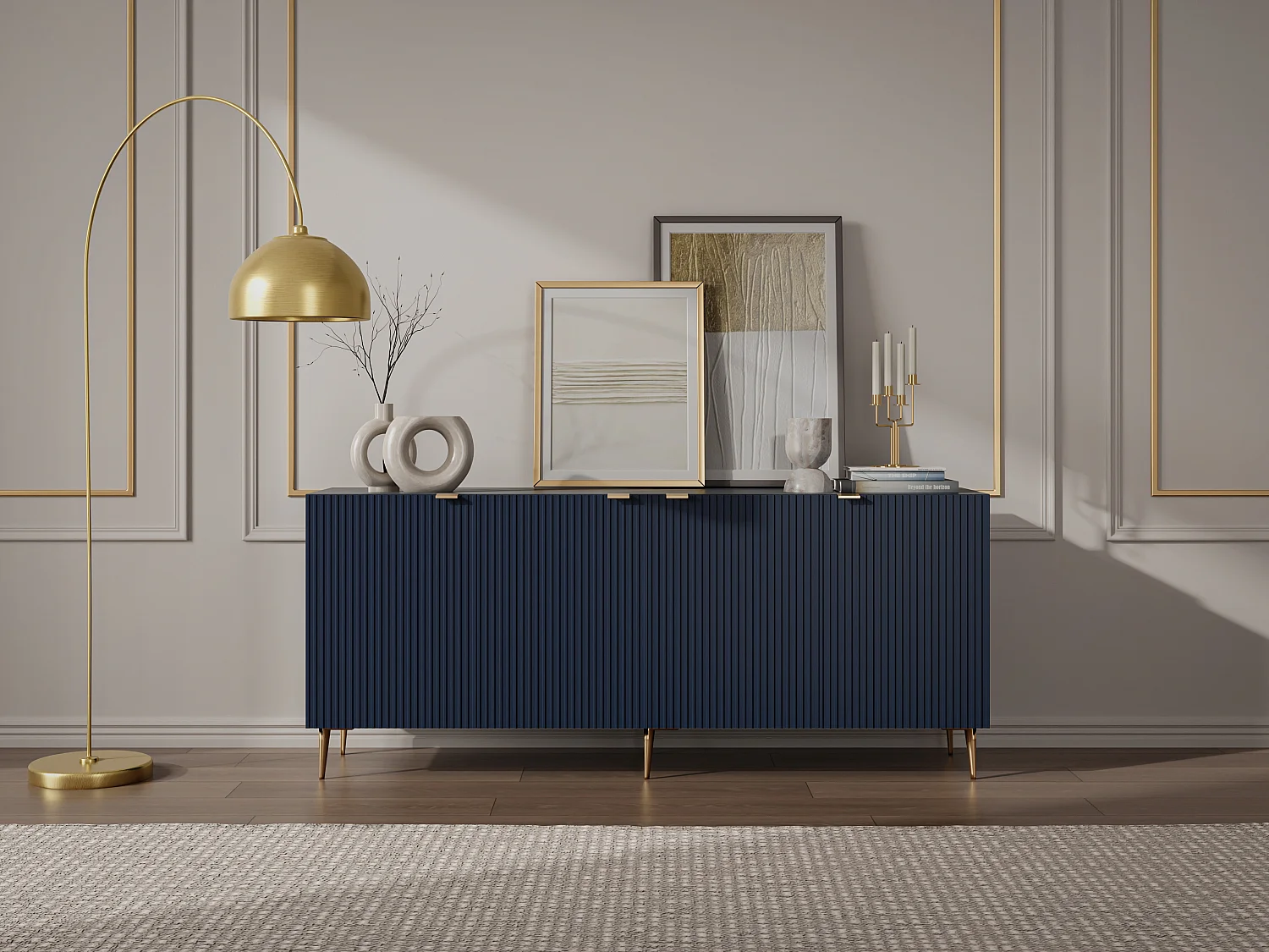 Buffet avec 4 portes en MDF et acier - Bleu et doré - YESINIA