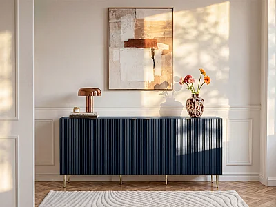 Aparador com 4 portas em MDF e aço azul e dourado - YESINIA