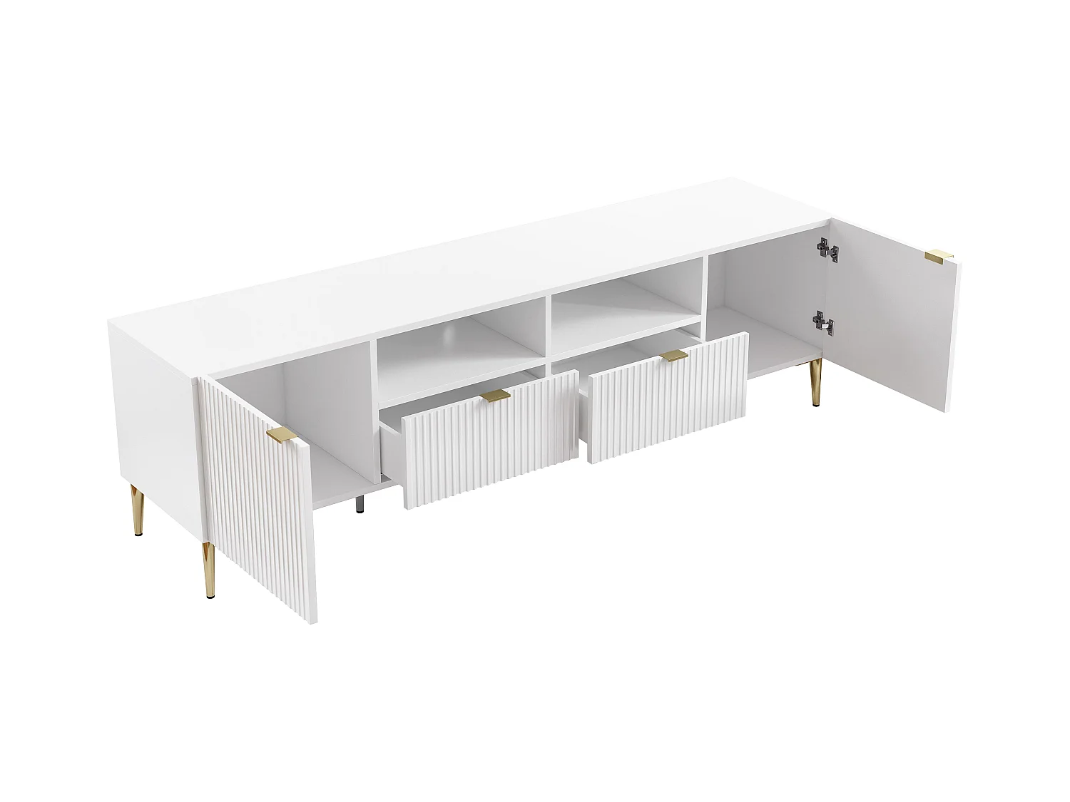 Mobile TV con 2 ante, 2 cassetti e 2 nicchie in MDF e Acciaio Bianco e Dorato - YESINIA