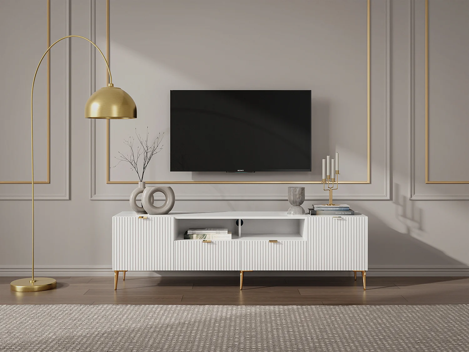 Meuble TV avec 2 portes, 2 tiroirs et 2 niches en MDF et acier - Blanc et doré - YESINIA