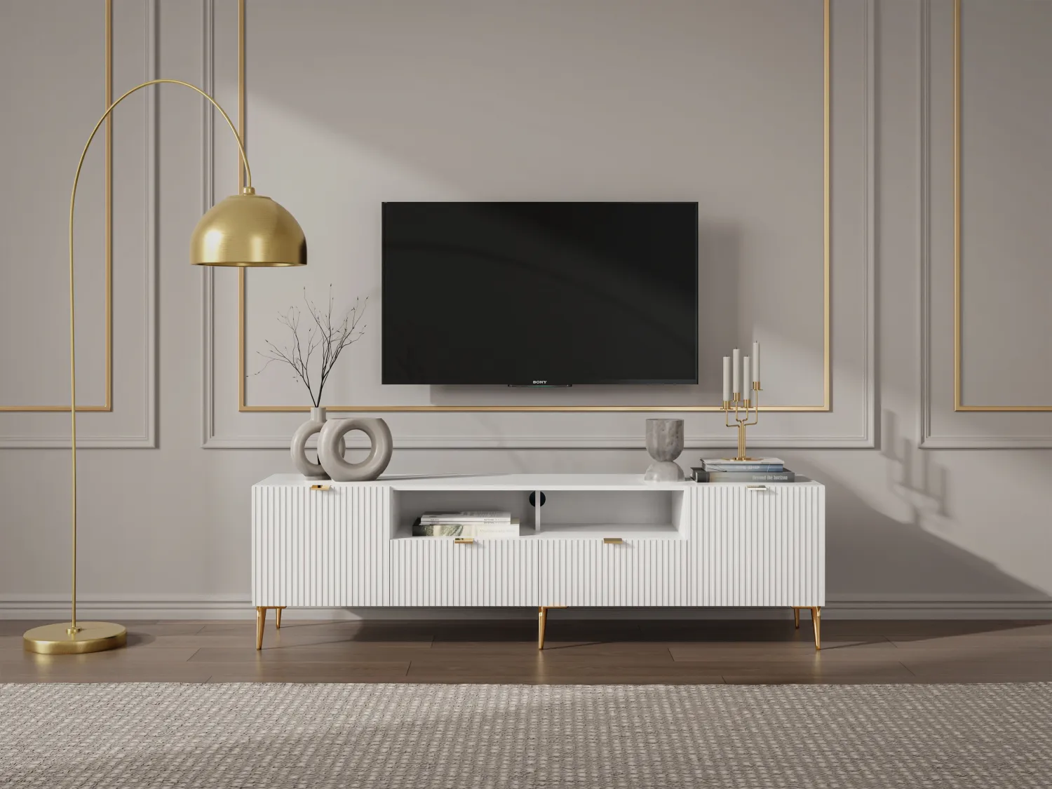 Mueble TV con 2 puertas, 2 cajones y 2 estantes de MDF y acero - Blanco y dorado - YESINIA