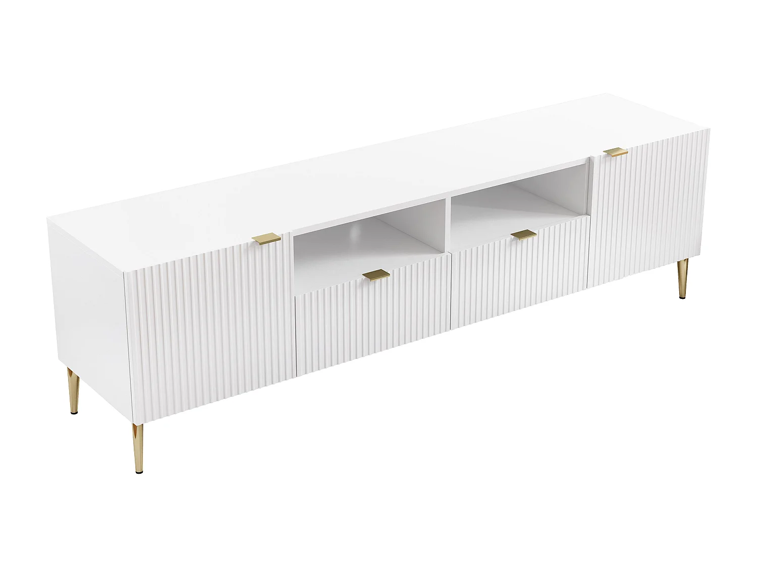 TV-Möbel mit 2 Türen, 2 Schubladen & 2 Ablagefächer - MDF & Stahl - Weiß & Goldfarben - YESINIA