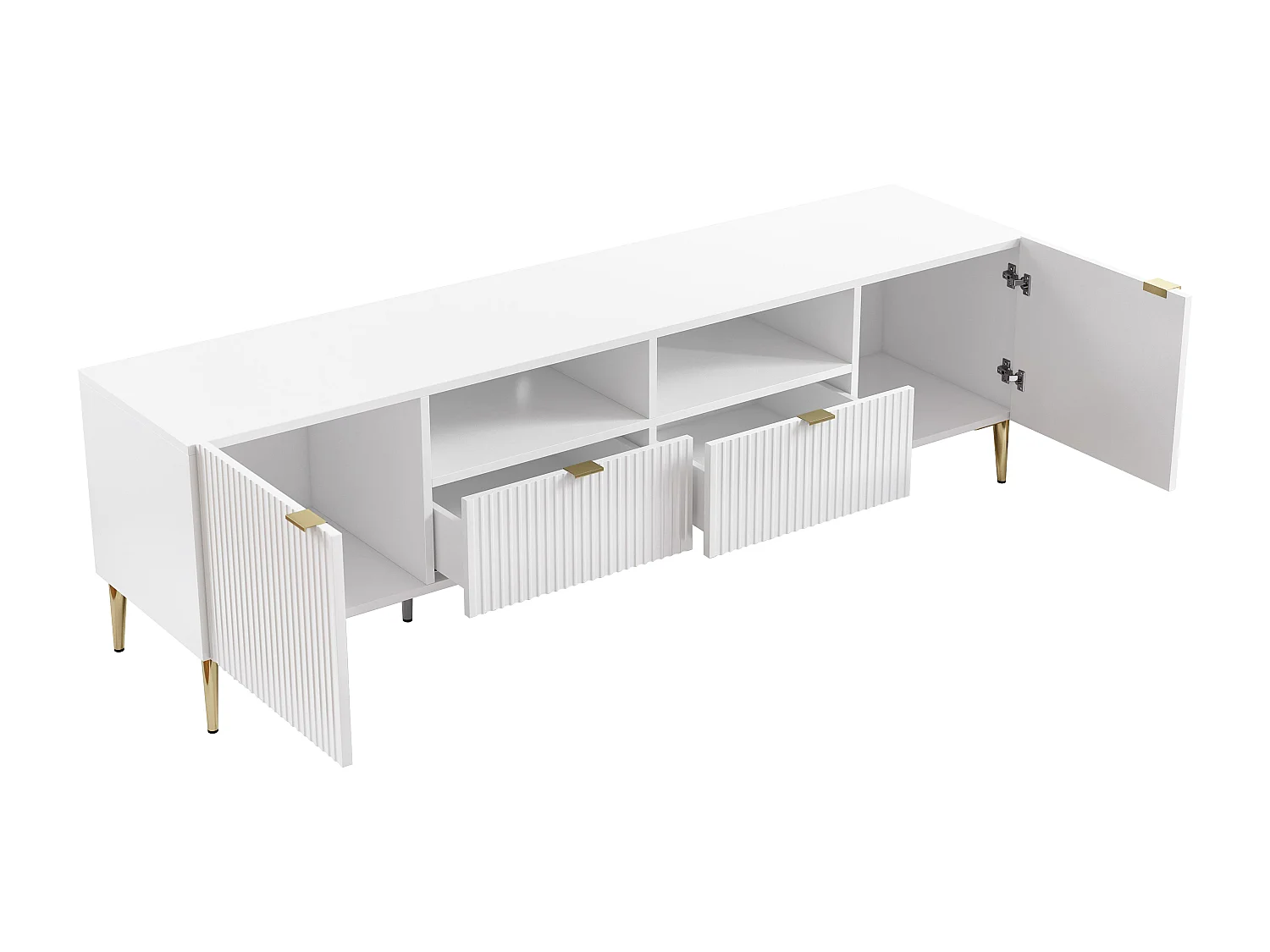 TV-Möbel mit 2 Türen, 2 Schubladen & 2 Ablagefächer - MDF & Stahl - Weiß & Goldfarben - YESINIA