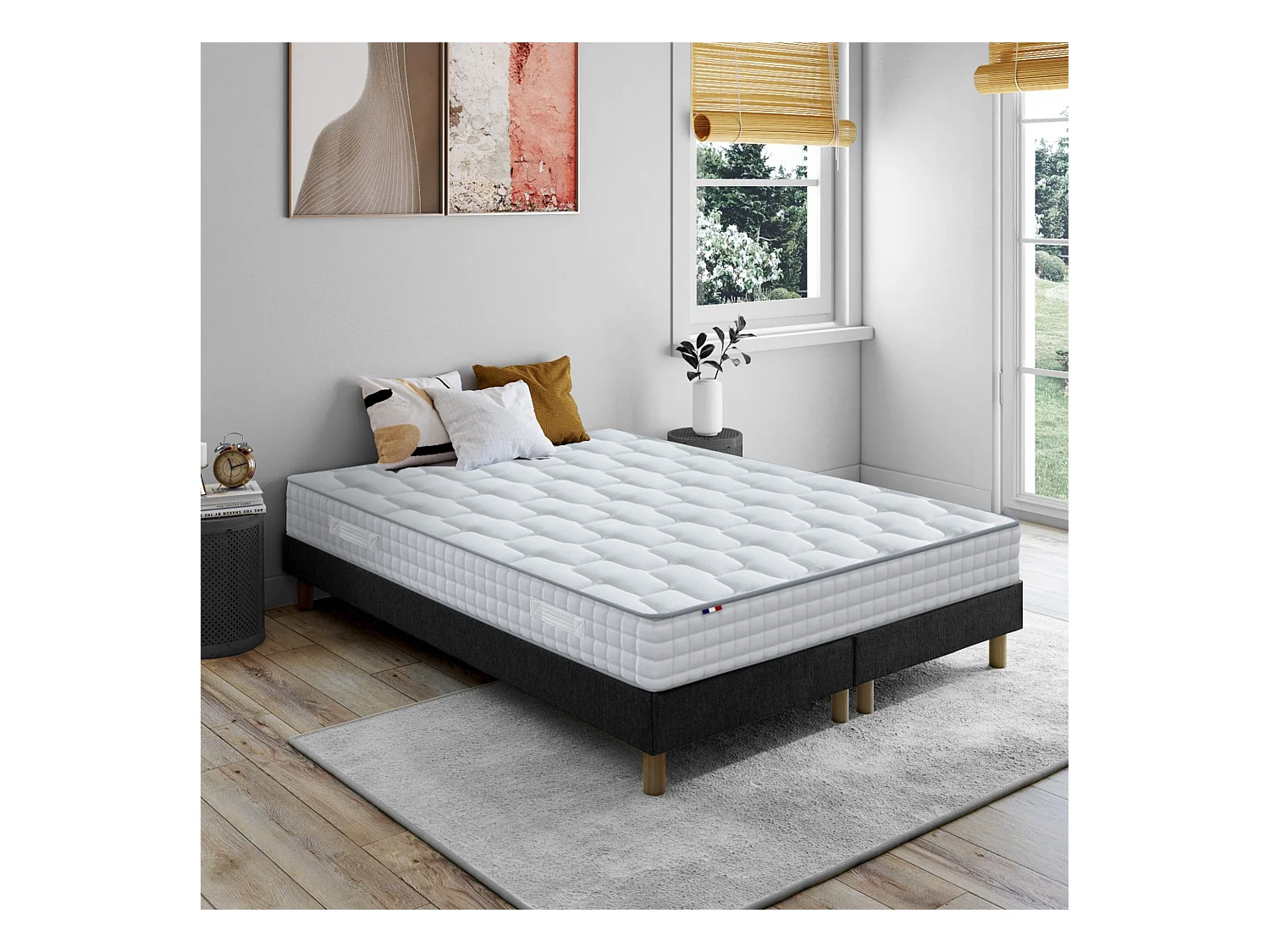 Ensemble literie : matelas à ressorts ODYSSEE et mémoire de forme avec sommier - Qualité française Dimensions - 2x90 x 200 cm, Sommier - Noir