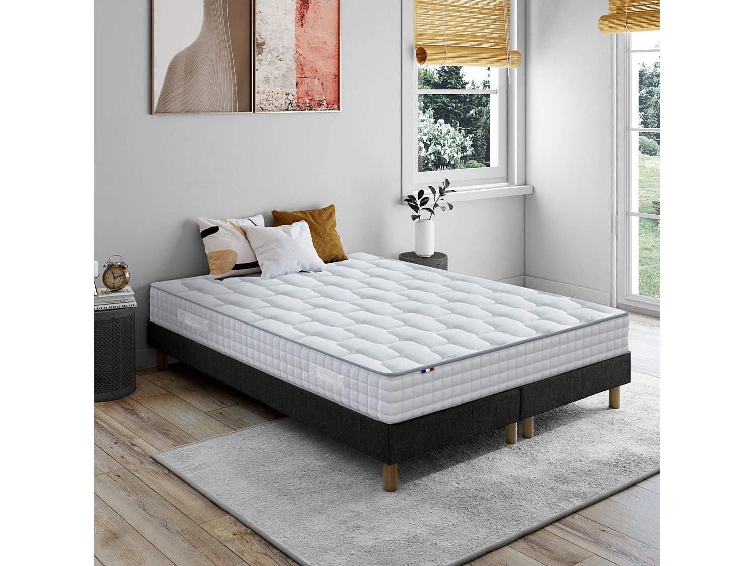 Ensemble literie : matelas à ressorts ODYSSEE et mémoire de forme avec sommier - Qualité française Dimensions - 2x90 x 200 cm, Sommier - Noir