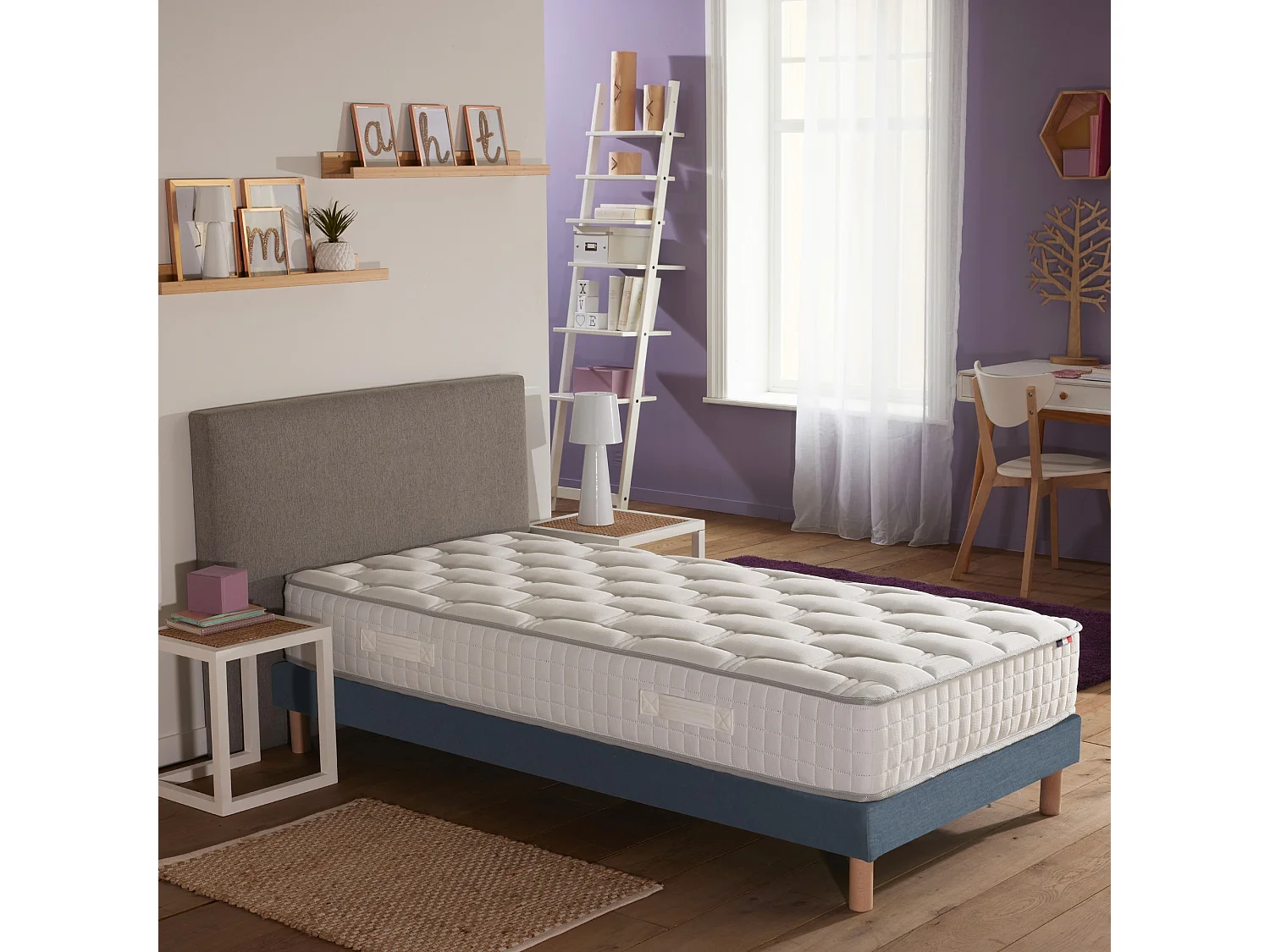 Ensemble literie : matelas à ressorts COSMOS et sommier - qualité française Dimensions - 90 x 190 cm, Sommier - Bleu denim