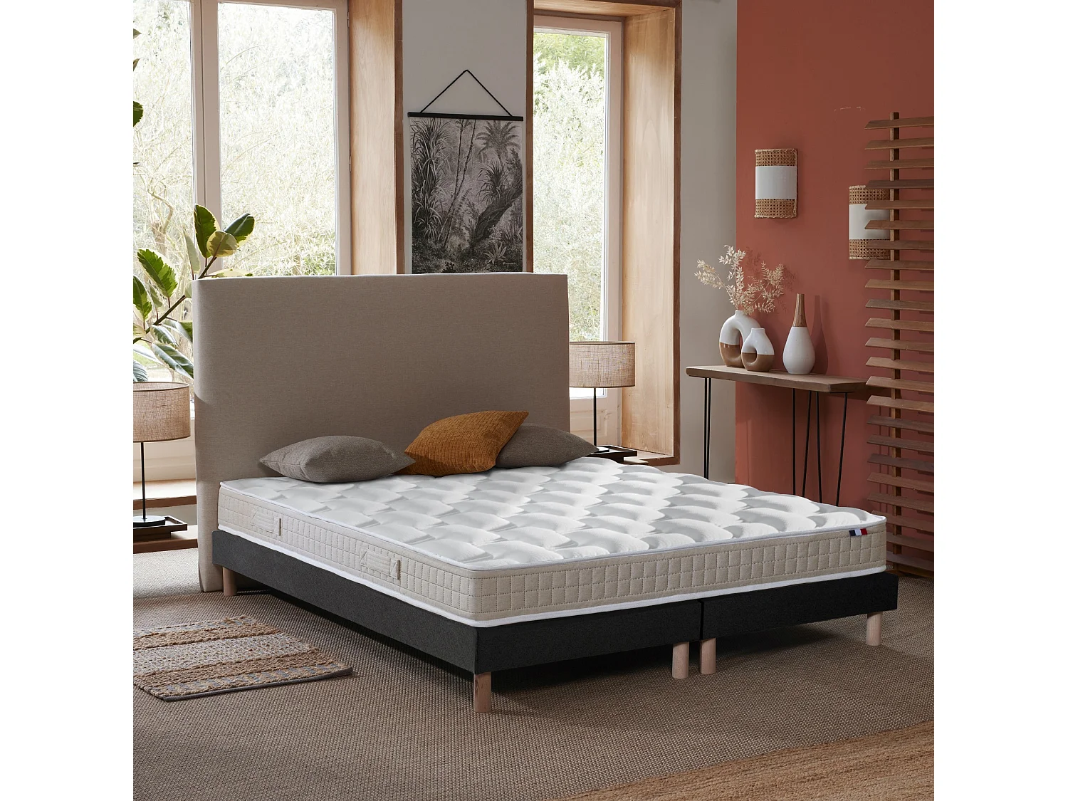 Ensemble Matelas 100% latex 5 zones ORIGINEL + Sommier - Spécial Dos Sensible - Fabriqué en France Dimensions - 2x80 x 200 cm, Sommier - Noir