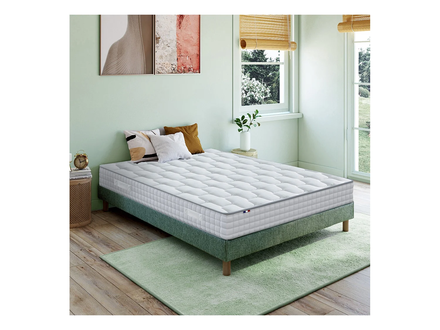 Ensemble literie : matelas à ressorts ODYSSEE et mémoire de forme avec sommier - Qualité française Dimensions - 140 x 190 cm, Sommier - Vert celadon