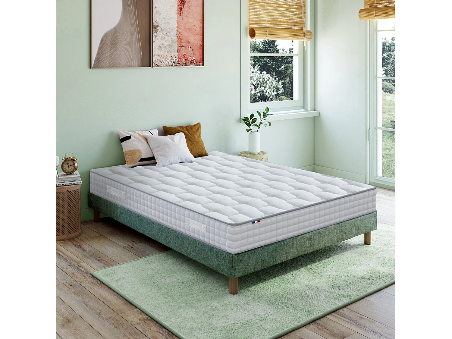 Ensemble literie : matelas à ressorts ODYSSEE et mémoire de forme avec sommier - Qualité française Dimensions - 140 x 190 cm, Sommier - Vert celadon
