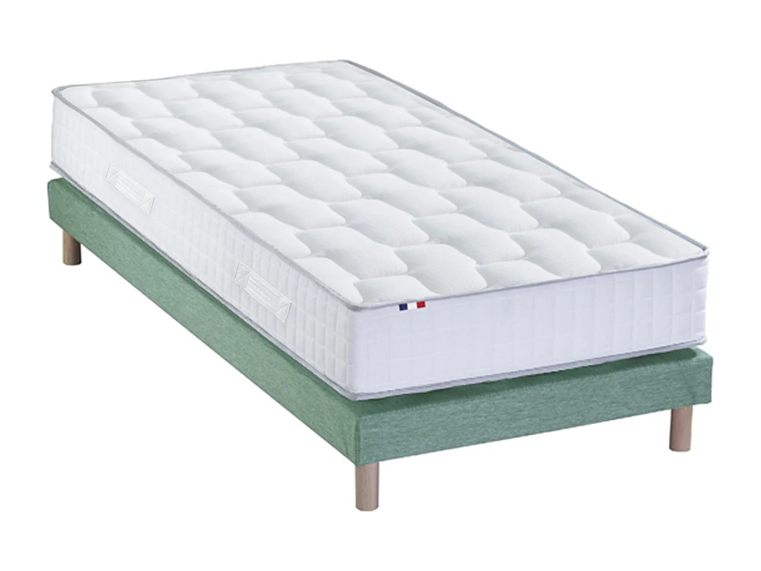 Ensemble literie : matelas à ressorts ODYSSEE et mémoire de forme avec sommier - Qualité française Dimensions - 90 x 190 cm, Sommier - Vert celadon