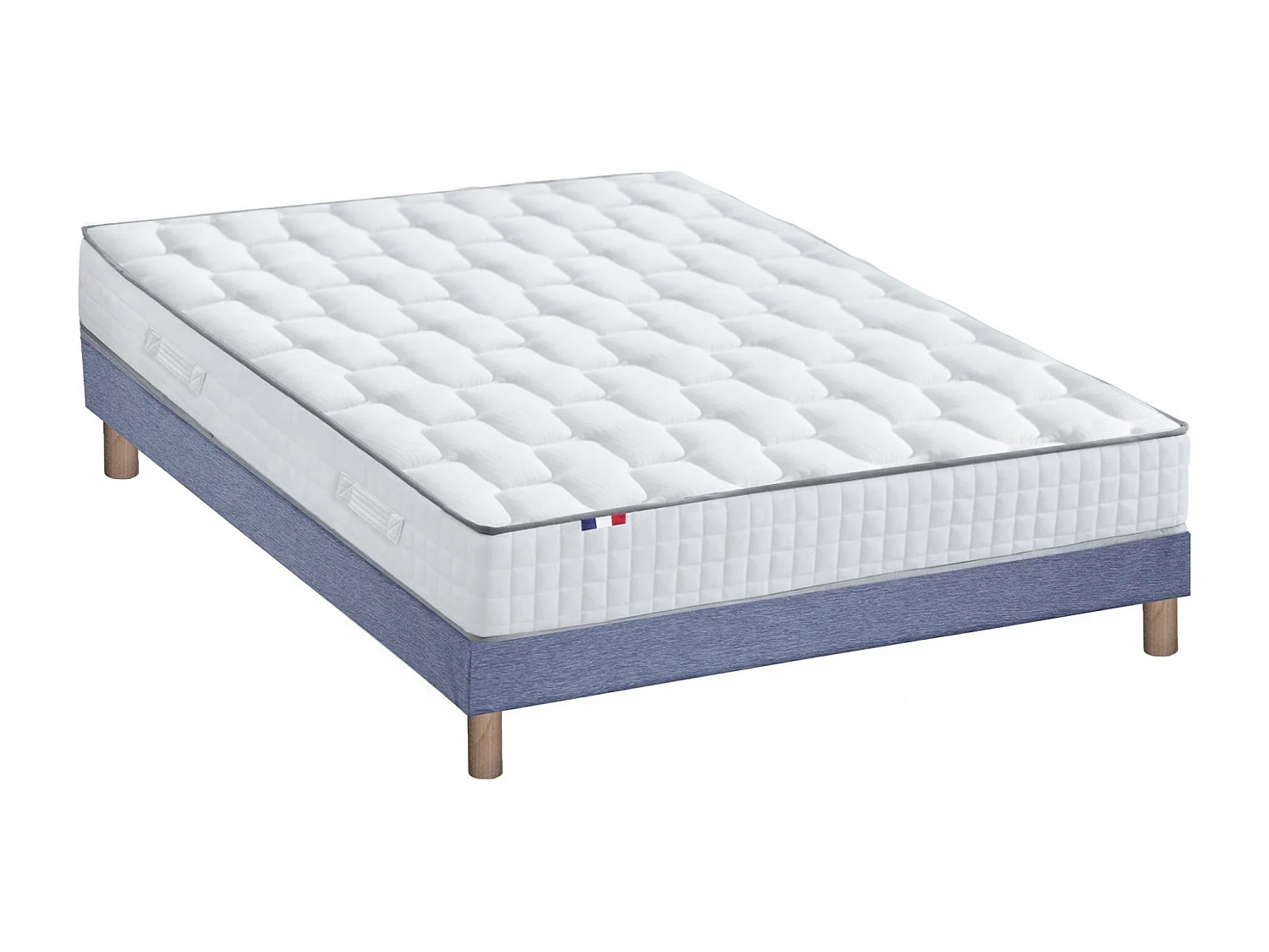 Ensemble literie : matelas à ressorts ODYSSEE et mémoire de forme avec sommier - Qualité française Dimensions - 140 x 190 cm, Sommier - Bleu denim