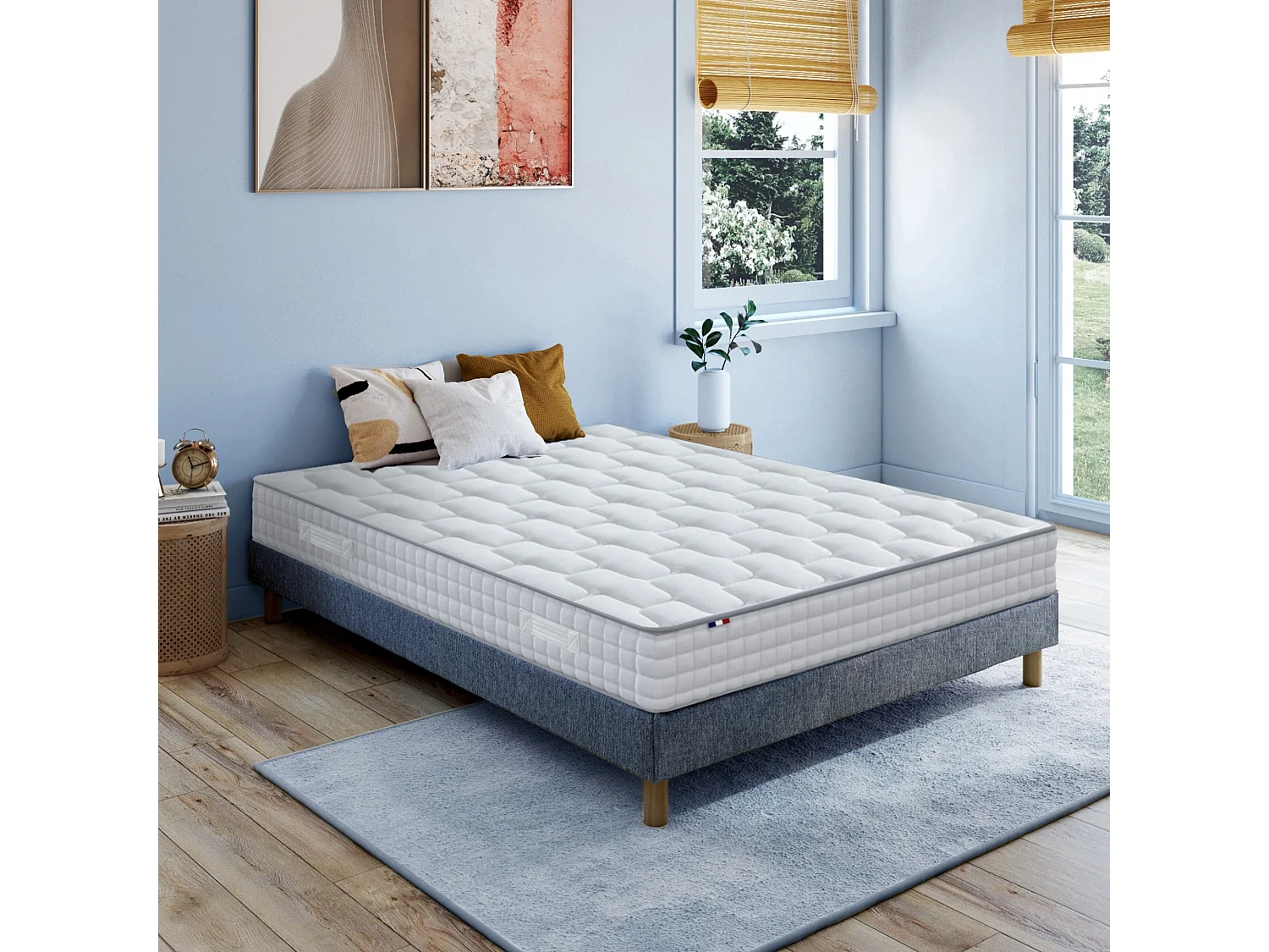 Ensemble literie : matelas à ressorts ODYSSEE et mémoire de forme avec sommier - Qualité française Dimensions - 140 x 190 cm, Sommier - Bleu denim