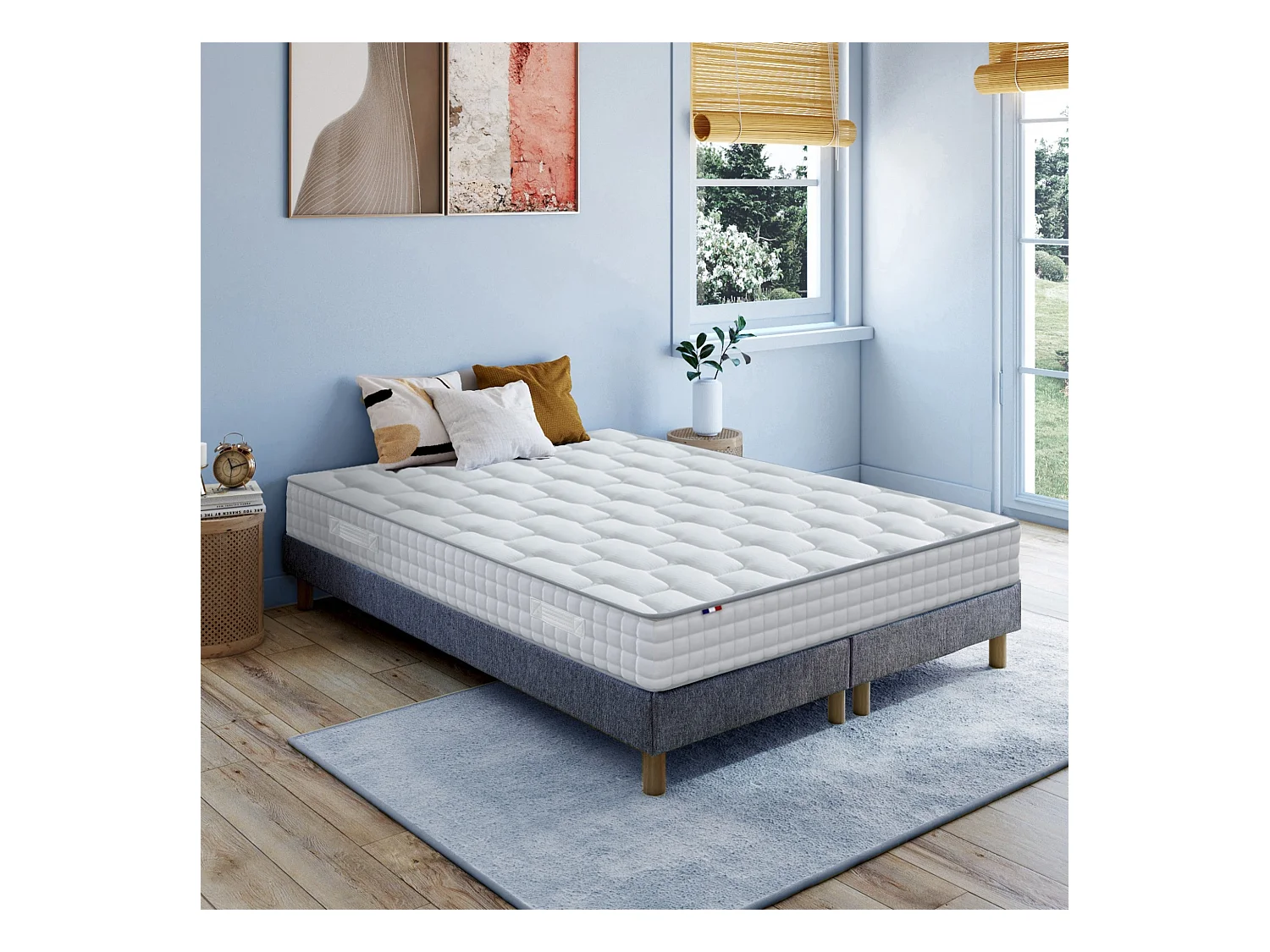 Ensemble literie : matelas à ressorts ODYSSEE et mémoire de forme avec sommier - Qualité française Dimensions - 2x80 x 200 cm, Sommier - Bleu denim