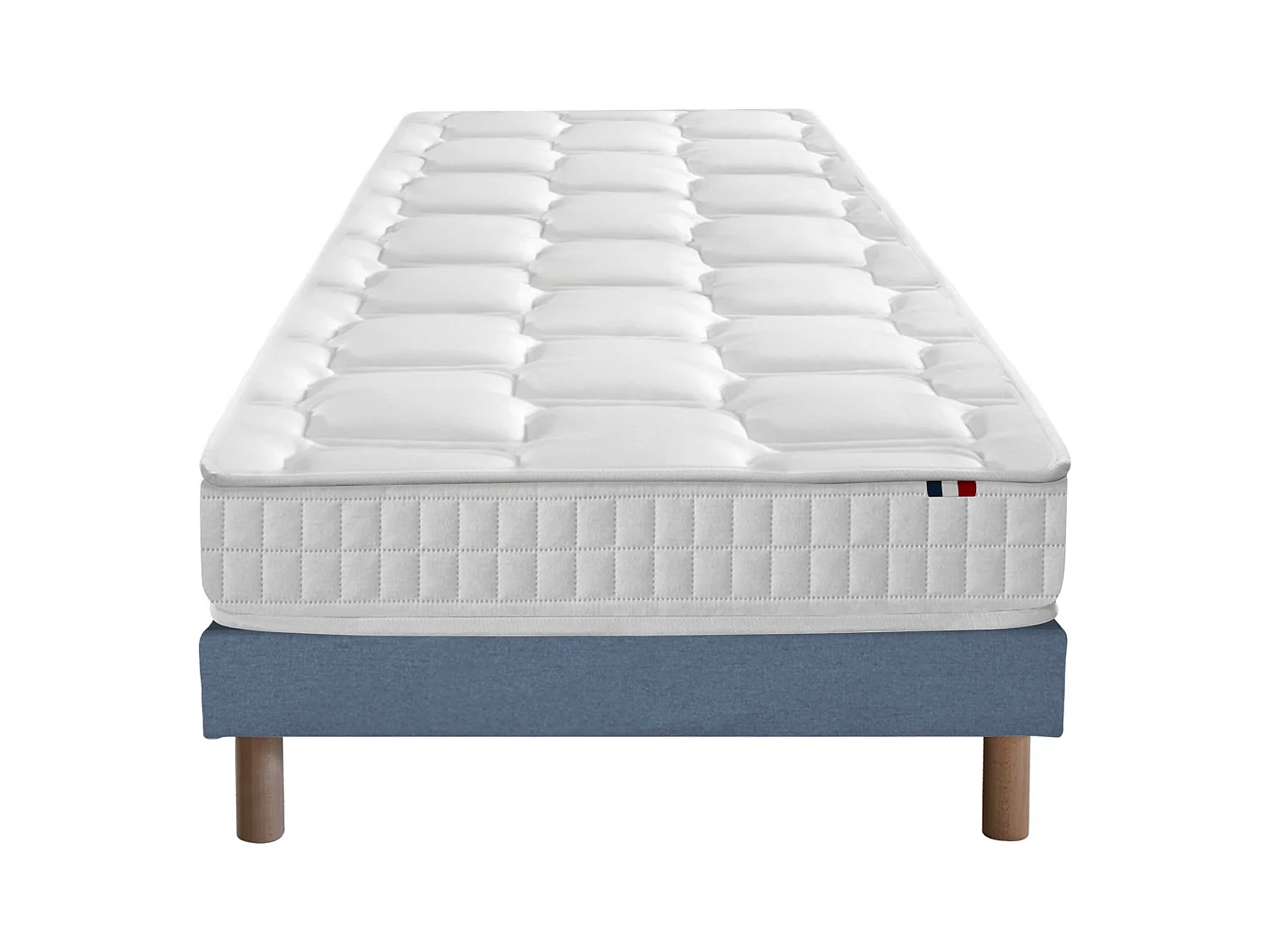 Ensemble literie : matelas à ressorts ODYSSEE et mémoire de forme avec sommier - Qualité française Dimensions - 90 x 190 cm, Sommier - Bleu denim