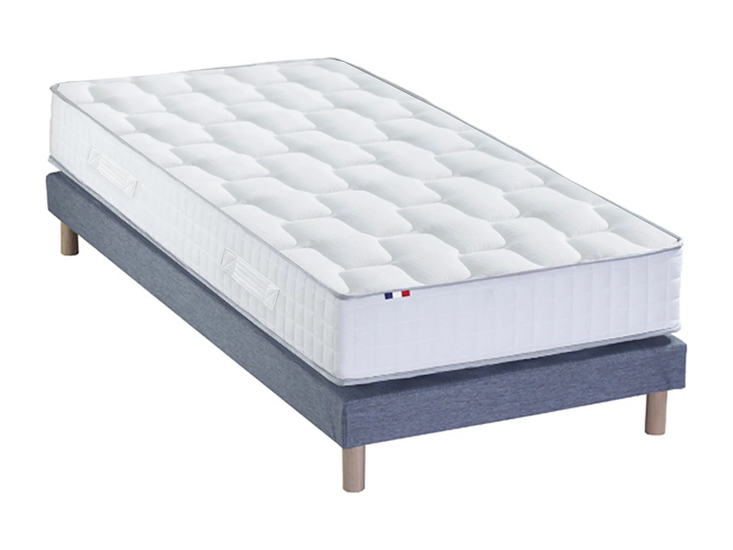 Ensemble literie : matelas à ressorts ODYSSEE et mémoire de forme avec sommier - Qualité française Dimensions - 90 x 190 cm, Sommier - Bleu denim