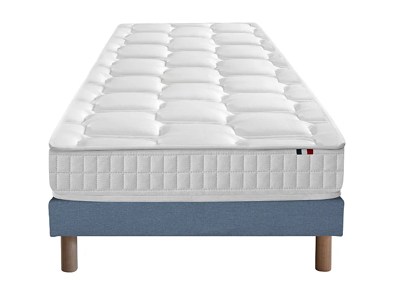 Ensemble literie : matelas à ressorts ODYSSEE et mémoire de forme avec sommier - Qualité française Dimensions - 90 x 190 cm, Sommier - Bleu denim