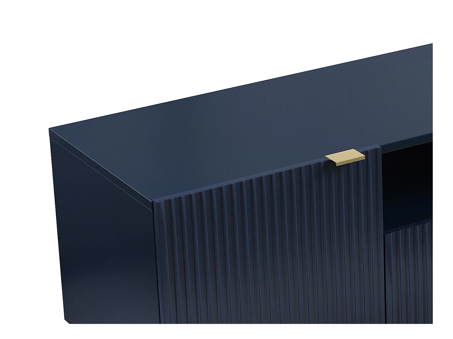 Meuble TV avec 2 portes, 2 tiroirs et 2 niches en MDF et acier - Bleu et doré - YESINIA