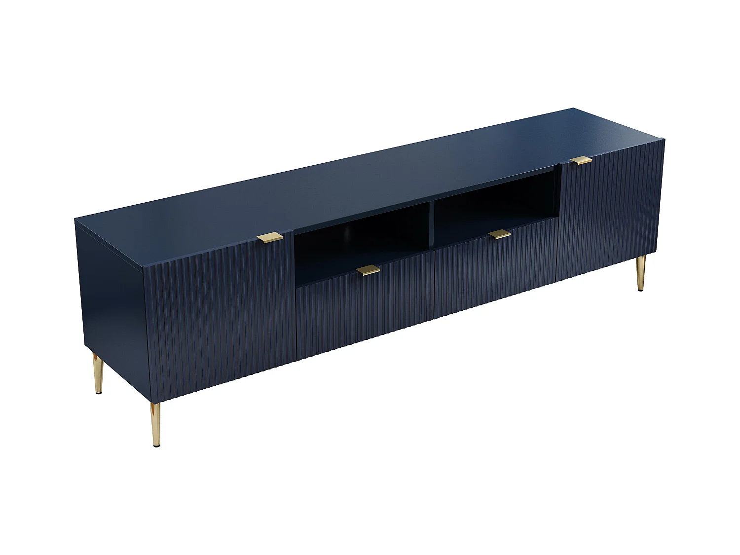 Meuble TV avec 2 portes, 2 tiroirs et 2 niches en MDF et acier - Bleu et doré - YESINIA