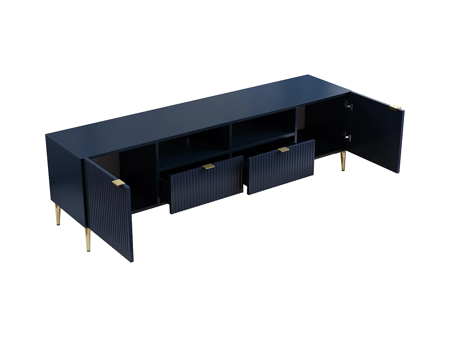 Meuble TV avec 2 portes, 2 tiroirs et 2 niches en MDF et acier - Bleu et doré - YESINIA